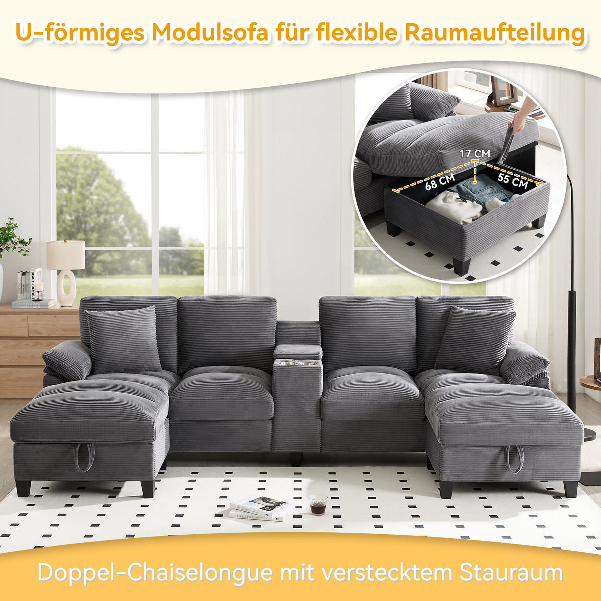 WOHNLANDSCHAFT U-Form Cord mit Stauraum und USB-Anschluss 293/142/93 cm Grau - Grau, Kunststoff/Textil (93/293/142cm) - Redom