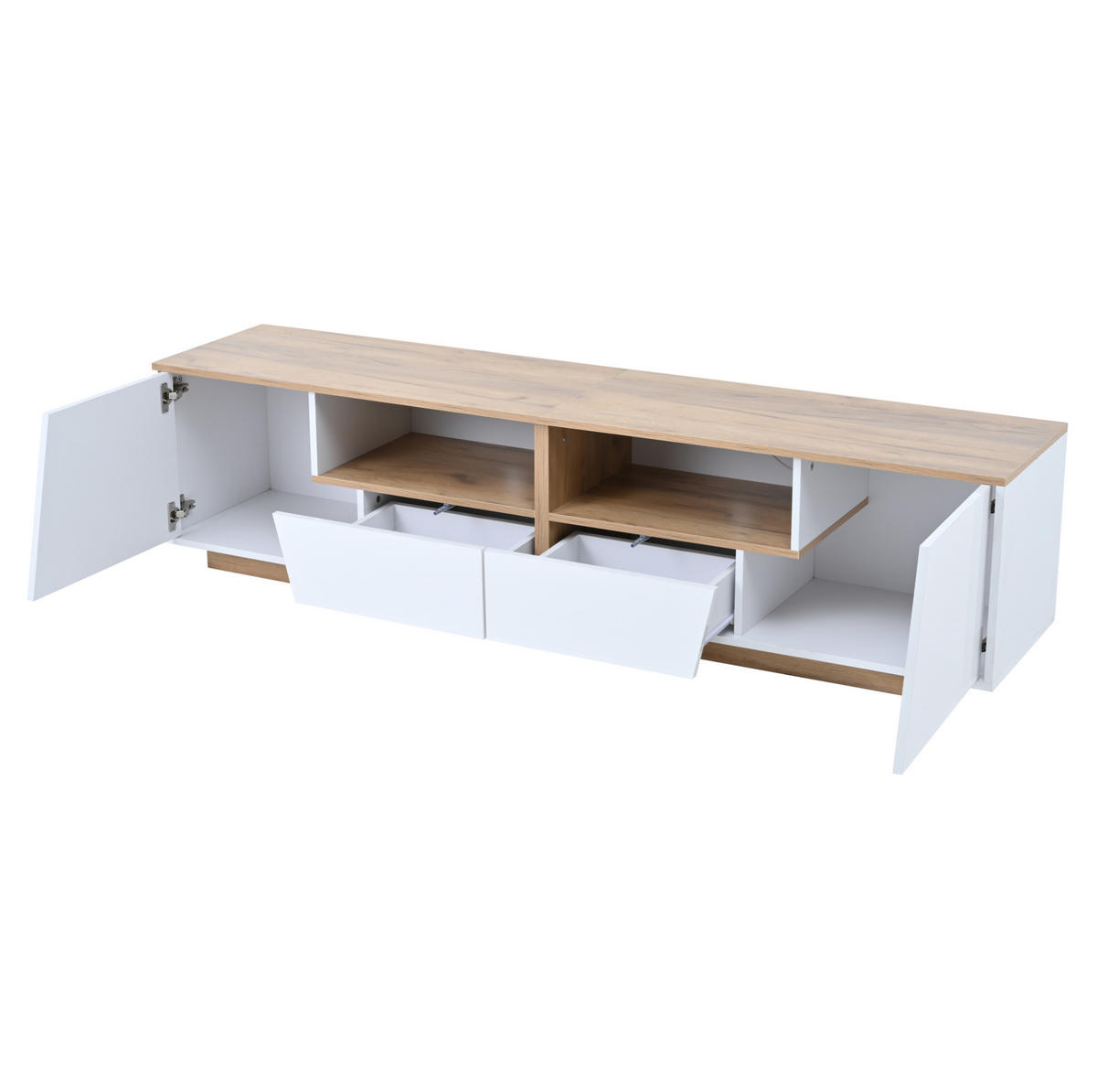 TV-SCHRANK 180/40/46 cm weiß + Holzfarbspleiß mit LED-Beleuchtung und 2 Schubladen und 2 Schränken - Weiß, Holzwerkstoff (180/46/40cm) - OKWISH