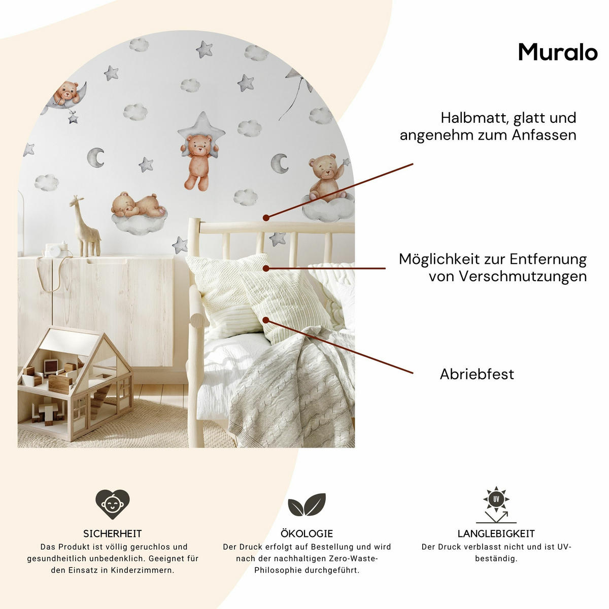 WANDSTICKER SET Teddybären Wolken Sterne Monde 120x60 - Beige/Braun, Papier (120/60/1cm) - Muralo