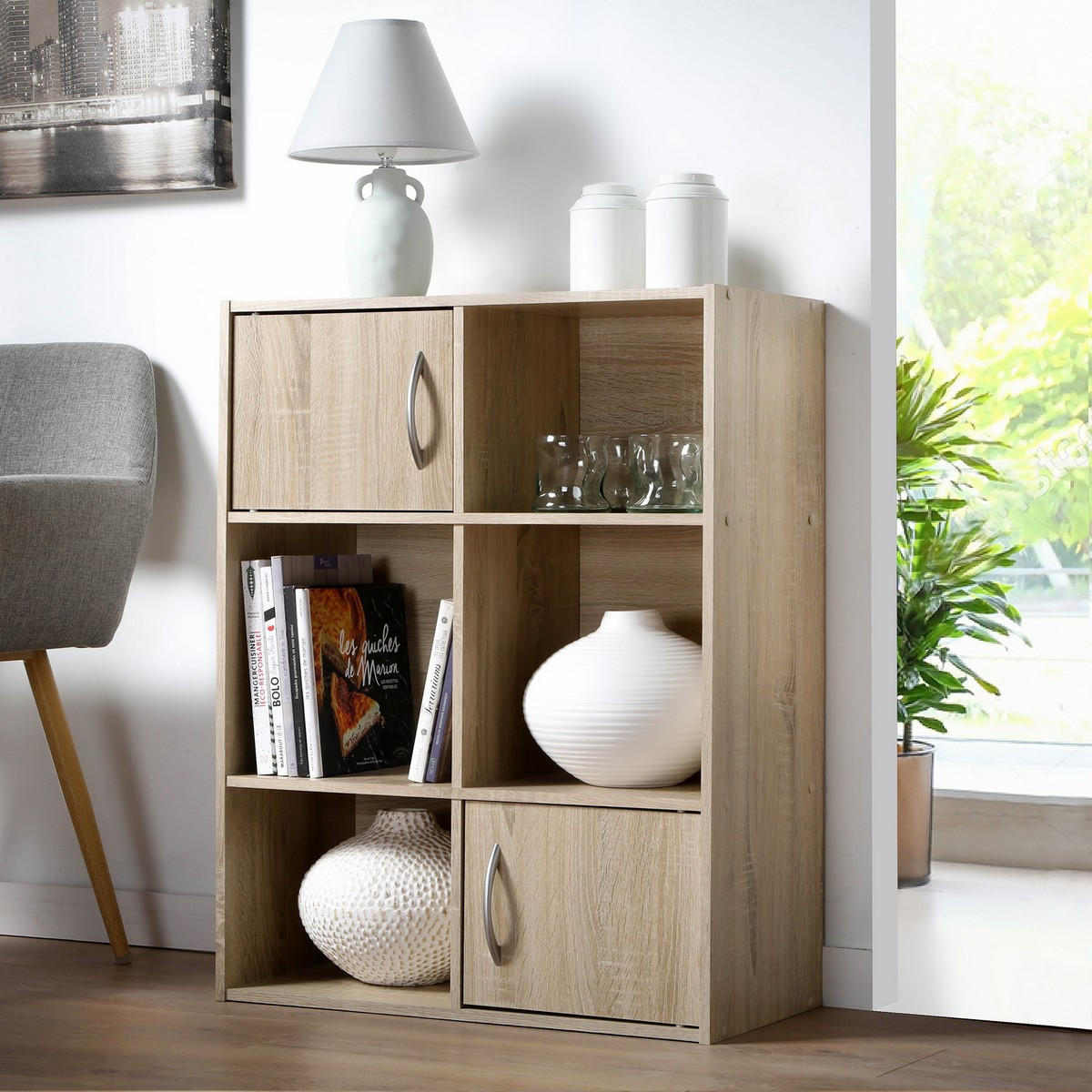 AUFBEWAHRUNGSREGAL 6 Fächer mit 2 Türen - L61,5 cm - Eschefarben, Holzwerkstoff (29.5/80/32.6cm) - Calicosy