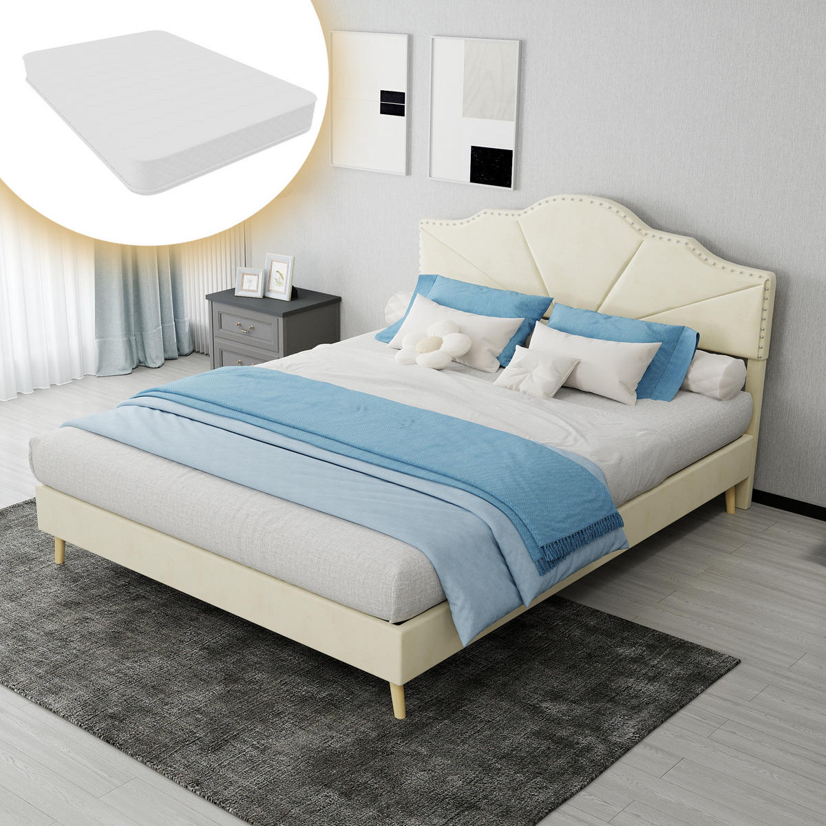 POLSTERBETT 140/200 cm DE-32963 mit Kopfteil und Matratze Beige - Beige, Metall (140/200cm) - ComfortXL
