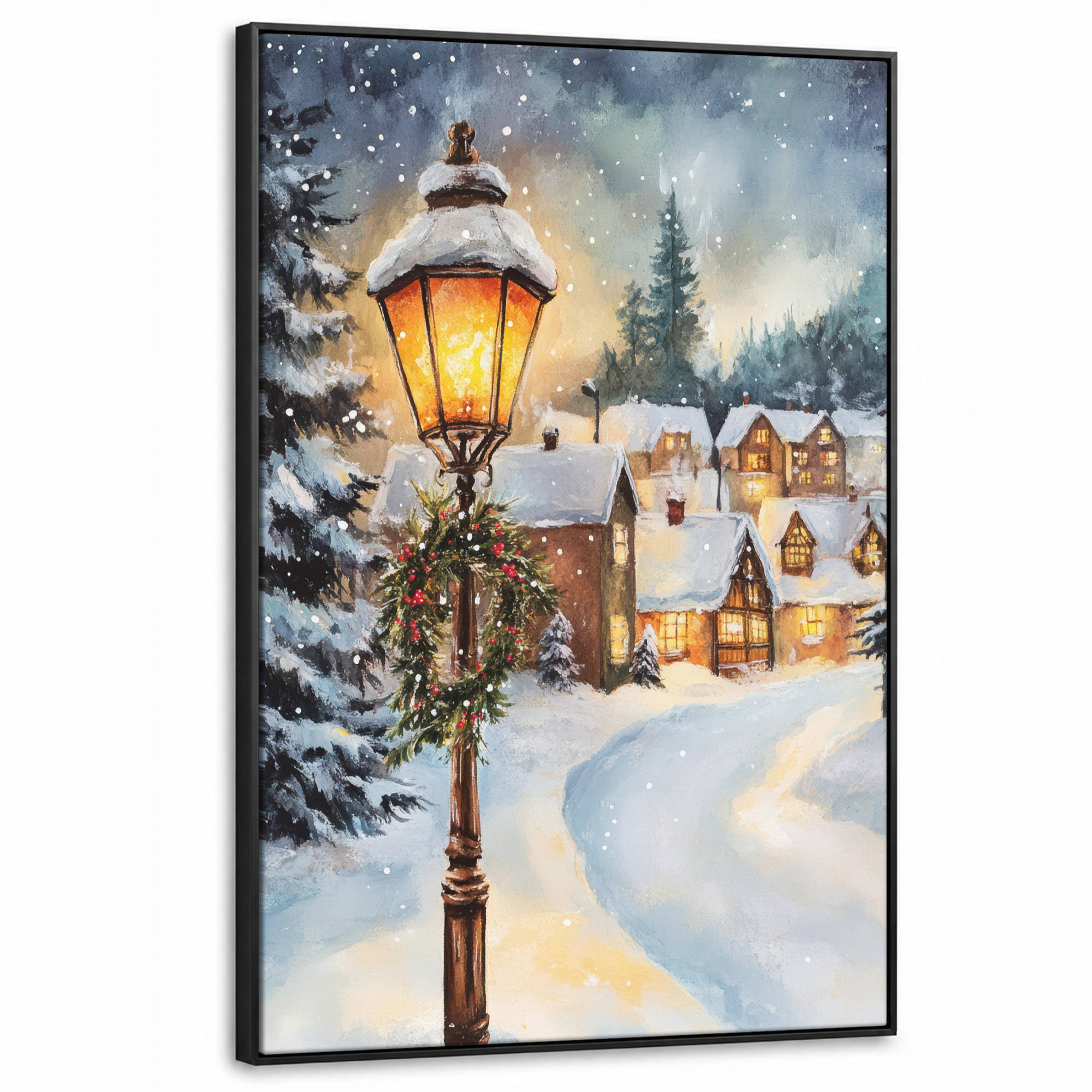 LEINWAND Bilder mit Rahmen - Weihnachtsdorf - Häuser - Schnee - Weihnachten - 80x120 - Sandfarben, Textil (80/120cm) - MuchoWow