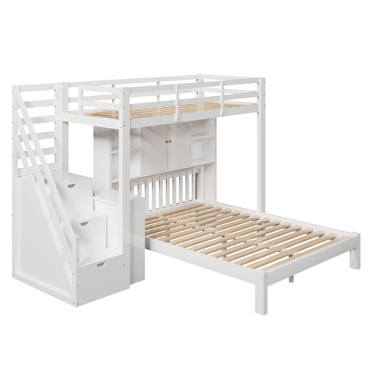 ETAGENBETT 90/200 cm und 140/200 cm weiß aus Massivholz und MDF mit Stauraumtreppe - Weiß, Holz (90/200cm) - OKWISH