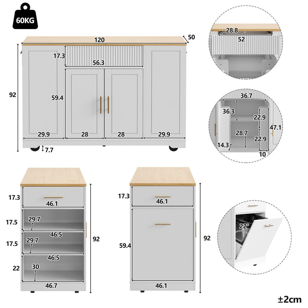 KUHINJSKI otok 120/50/92 cm z vrtljivimi kolesi, predalom za odpadke, 2 vrati in 3 predali, Bela - bela, leseni material (120/92/50cm) - Redom