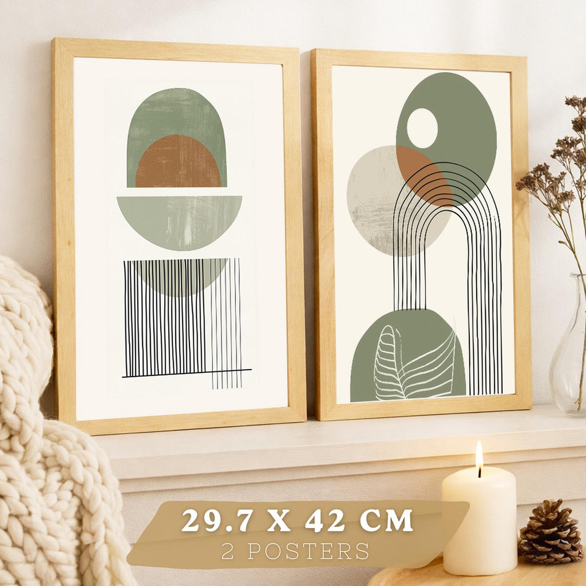 POSTER 3er Kunstdruck-Set Wandbilder Abstrakt Grün modern Wohnzimmer Deko, Schlafzimmer, Küche, Badezimmer Rahmenlos A3 - Klar, Papier (29.7/1/42cm) - Nacnic