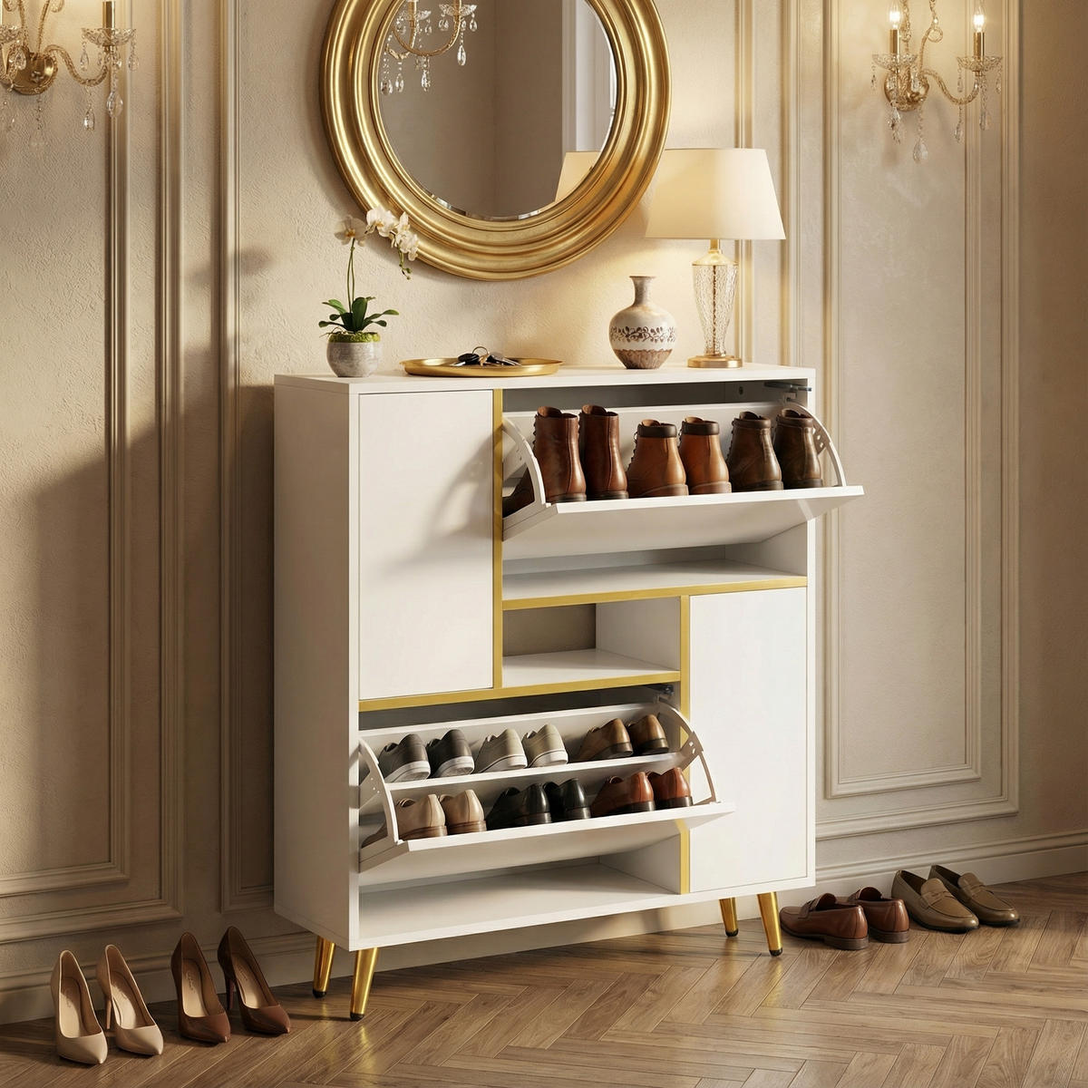 SCHUHKIPPER in Weiß Hochglanz mit LED-Beleuchtung - Weiß, Holzwerkstoff (80/96/25cm) - Urban Meuble