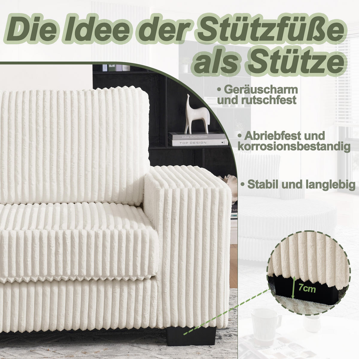 ECKSOFA 256.5/133.5/89 cm Beige Cord mit 2 Kissen und ovaler Fußhocker - Beige, Textil (133.5/89/256.5cm) - Oxeza