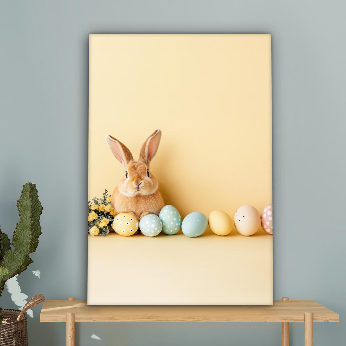 LEINWANDBILD Eier - Kaninchen - Pastellfarbtöne Wanddeko Schlafzimmer 60x90 cm - Hellgelb, Textil (60/90cm) - MuchoWow