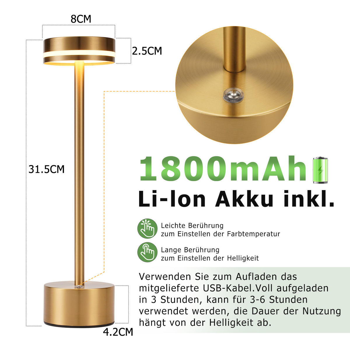 TISCHLEUCHTE Flammer 8/31.5/8 cm - Goldfarben, Metall (8/8/31.5cm) - ZMH