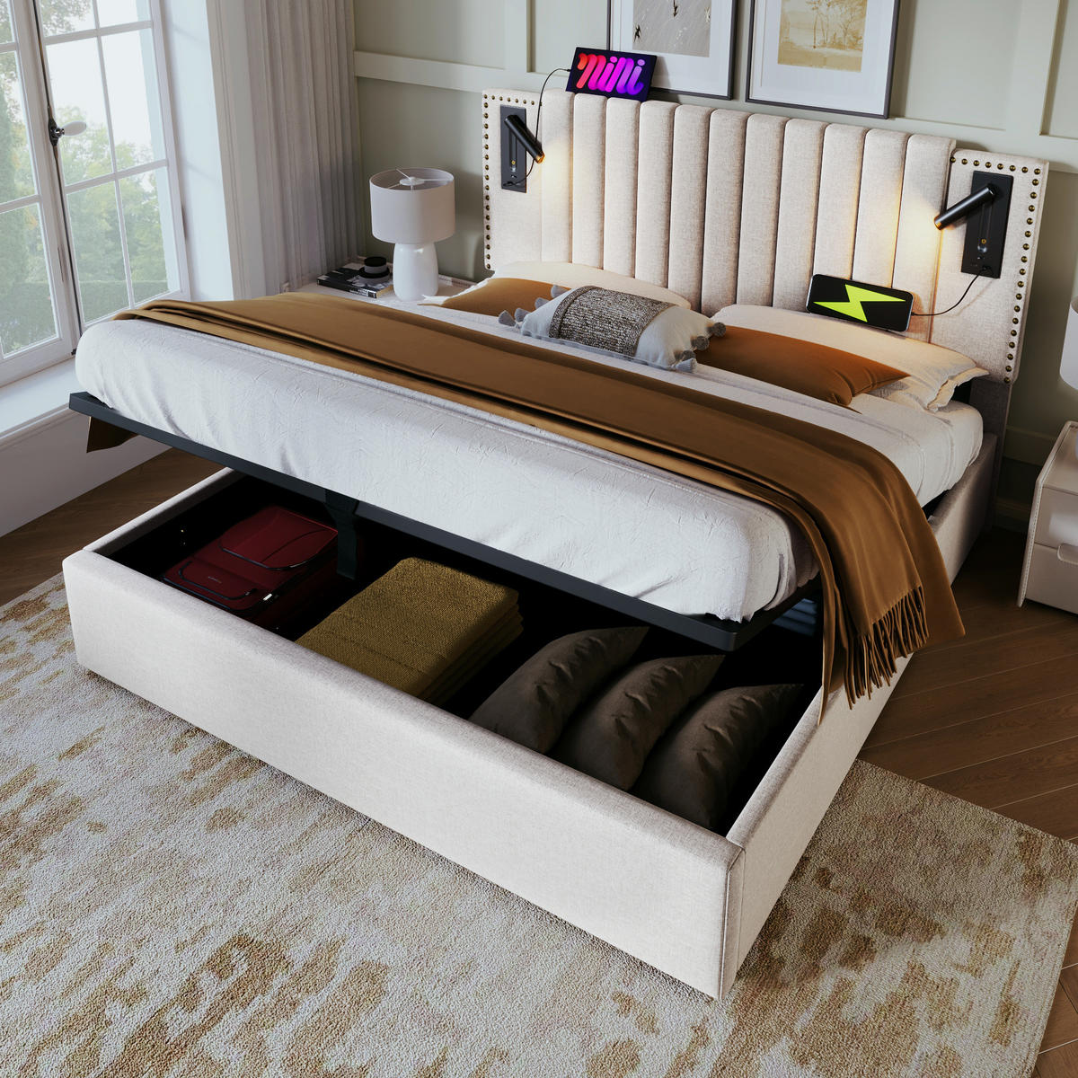 POLSTERBETT mit Bettkasten 180x200 cm Beige mit USB und Leselicht - Beige, Metall (180/200cm) - Meubliv