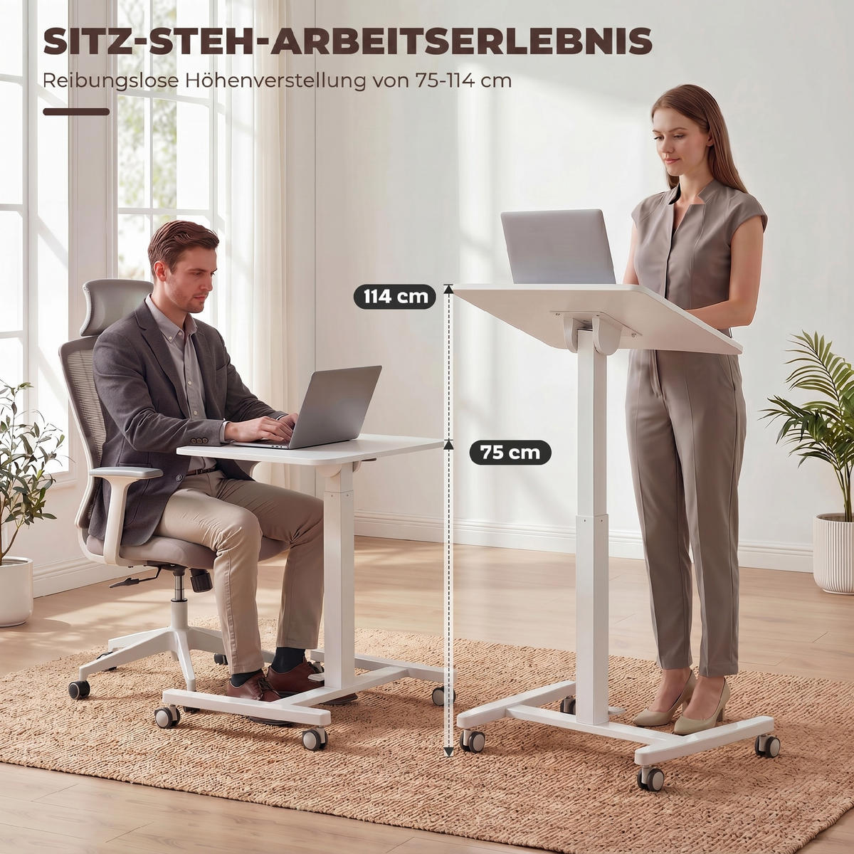COMPUTERTISCH Weiß höhenverstellbar rollbar mit neigbarer Tischplatte 60,5/52/75-114 cm - Weiß, Holzwerkstoff (52/60.5/114cm) - PANGIVO