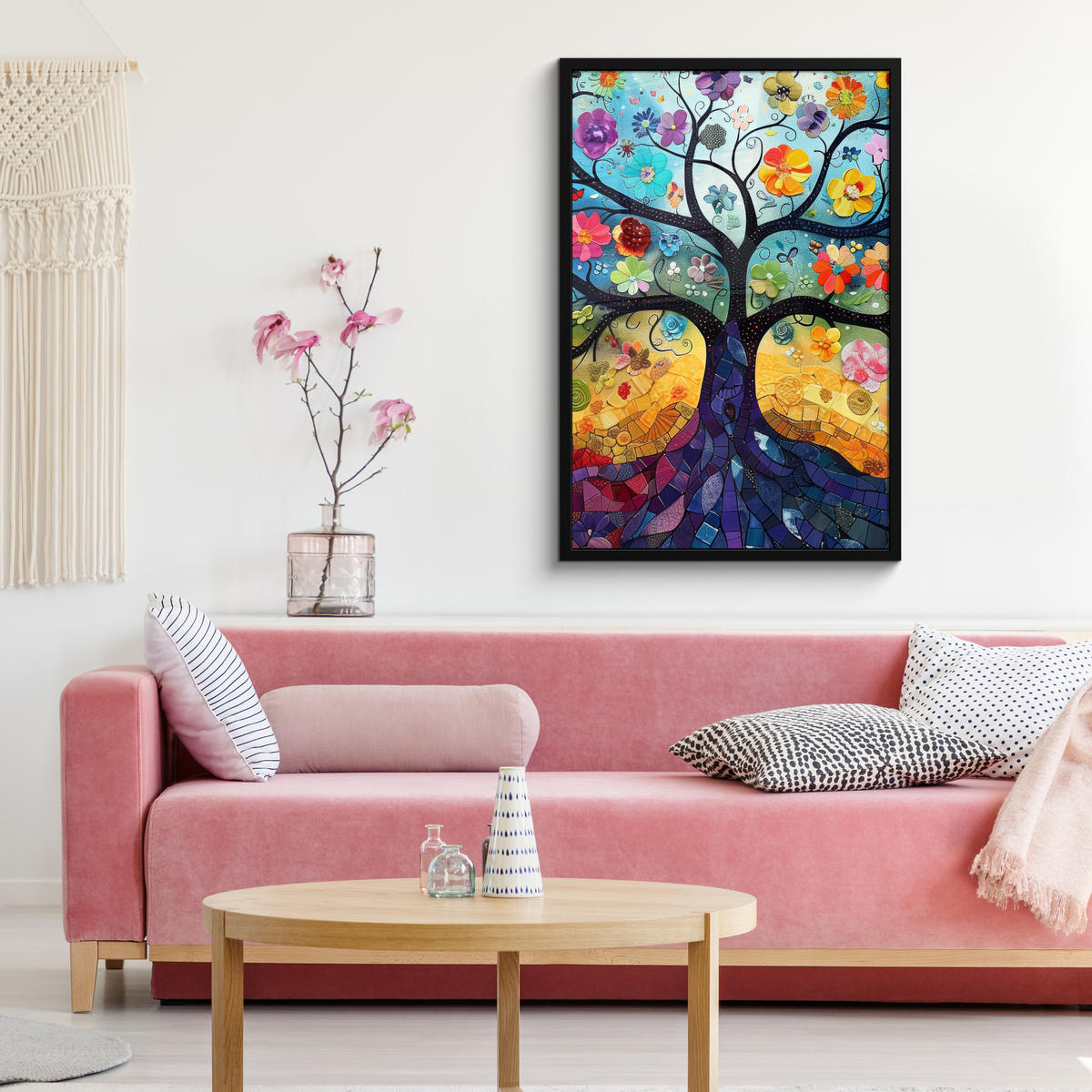 POSTER MIT RAHMEN Kunst - Baum des Lebens - Blumen - Hippie 60x90 cm - Dunkelblau, Papier (60/90cm) - MuchoWow
