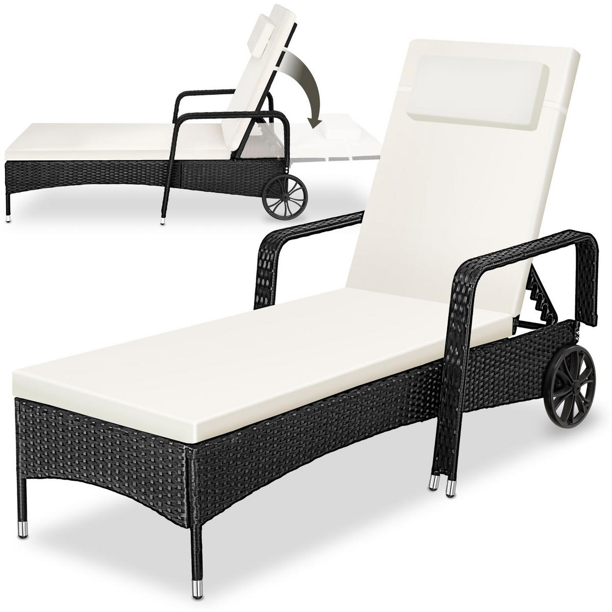 RATTAN-SONNENLIEGE, 200 x 70 x 33 cm, schwarz/beige - Beige/Schwarz, Kunststoff (70/33/200cm) - tectake
