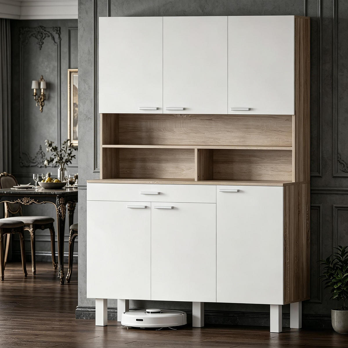BUFFET DE-38824 120/40/175 cm 6 Türen und Schublade Weiß - Weiß, Holzwerkstoff (120/175/40cm) - ComfortXL