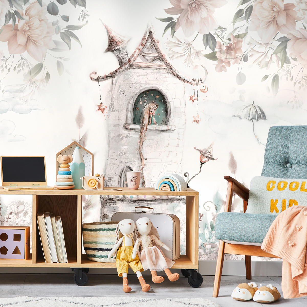 FOTOTAPETE für Kinderzimmer Prinzessin Turm Blumen Pflanzen 200x140 - Multicolor, Papier (200/140cm) - Muralo