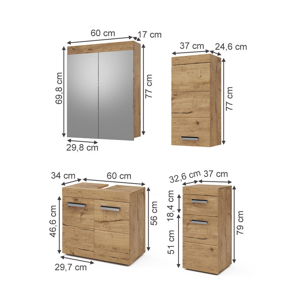 BADMÖBEL-SET Luna Eiche Wotan 4 Teile, mit Hängeschrank - Eiche Wotan, Holzwerkstoff (60/56/34cm) - Vicco