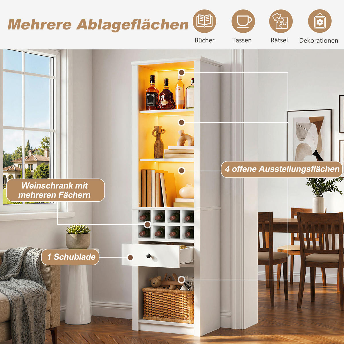 VITRINE 55x40x200 cm Weiß mit LED und 12 Fächern - Weiß, Holzwerkstoff (55/200/40cm) - FLIEKS