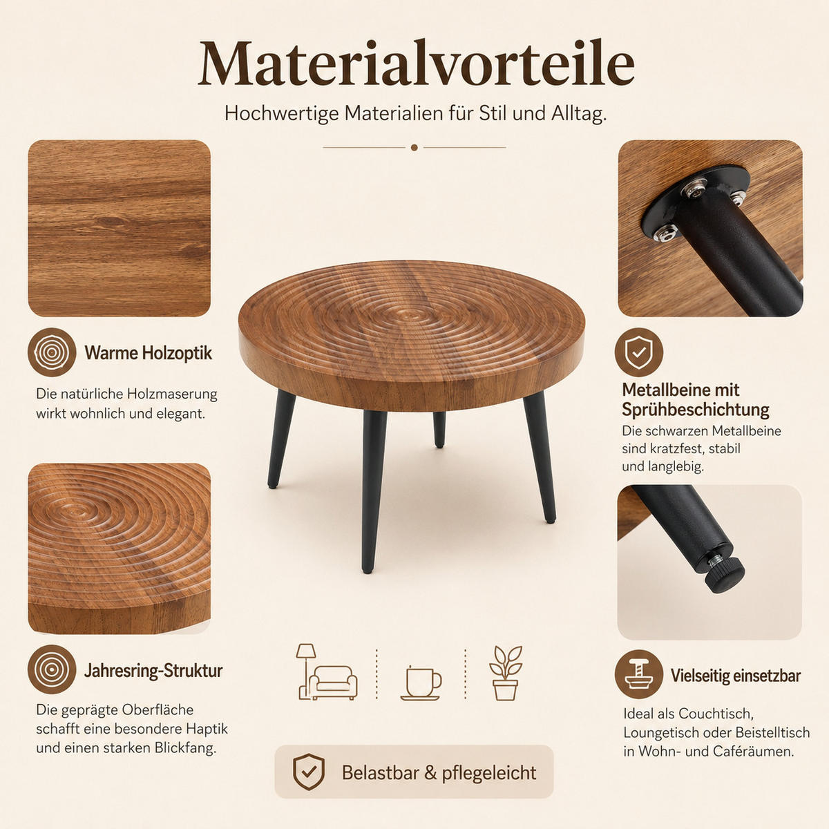 KONFERENČNÍ STOLEK kulatý v dekoru ořechu s černými kovovými nohami - barva vlašského ořechu, kompozitní dřevo (60/60/37cm) - Urban Meuble