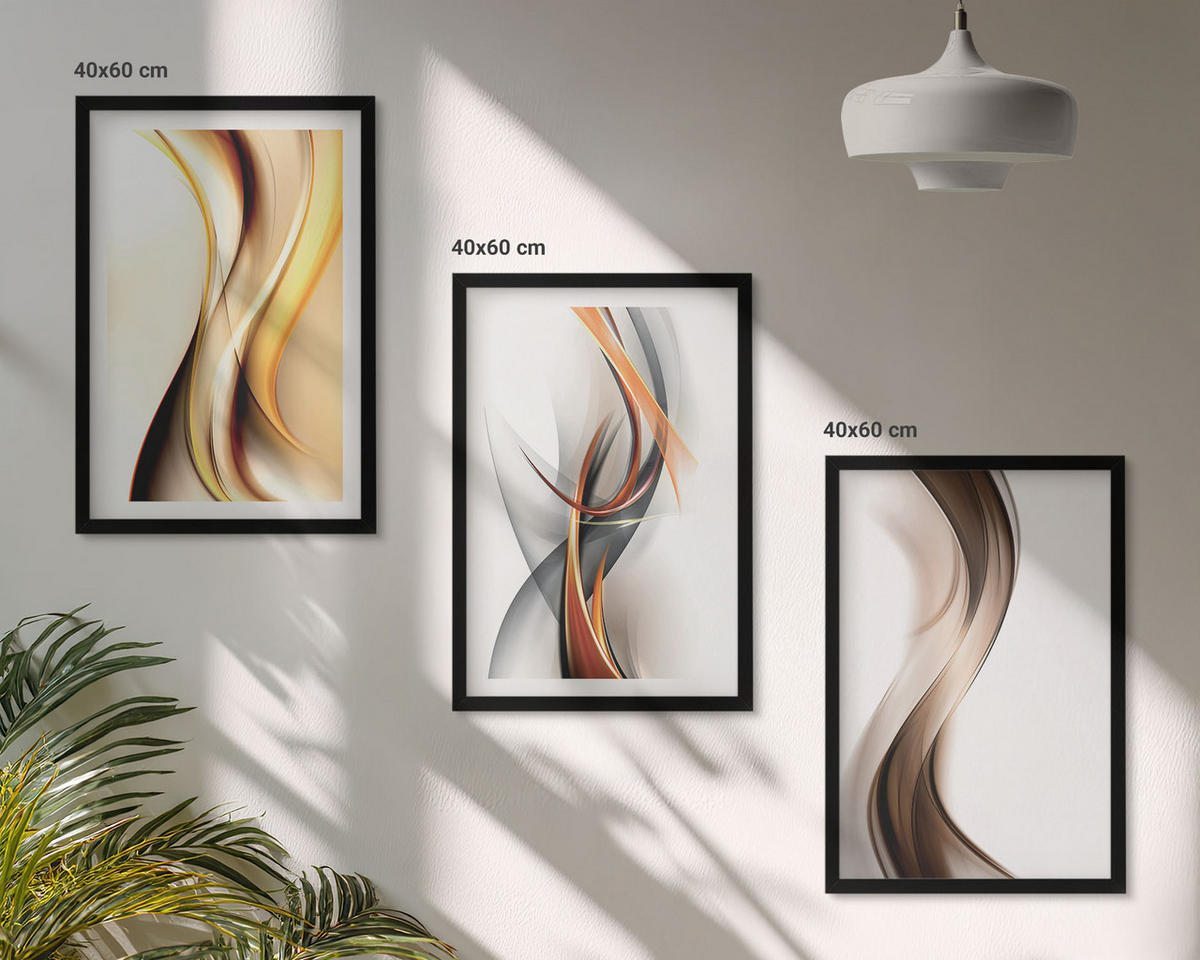BILDER SET 3er Set - 40x60 cm Schwarzer Rahmen - Gelbgrau-braune Wellen - Schwarz, Kunststoff (40/60cm) - TULUP