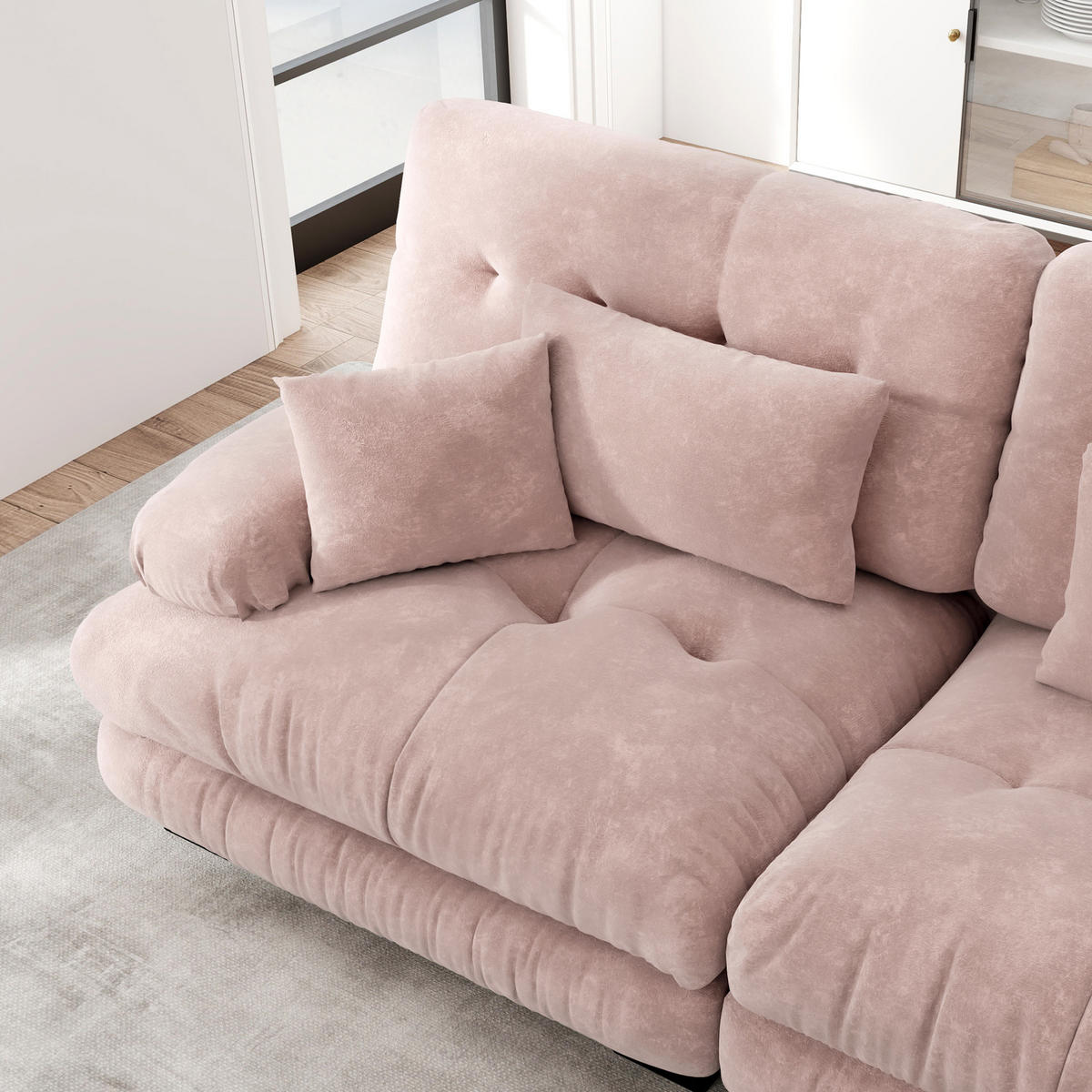 ECKSOFA modular Chenille Pink mit Deko- und Lendenkissen - Pink, Kunststoff (77/81/220cm) - Meubliv