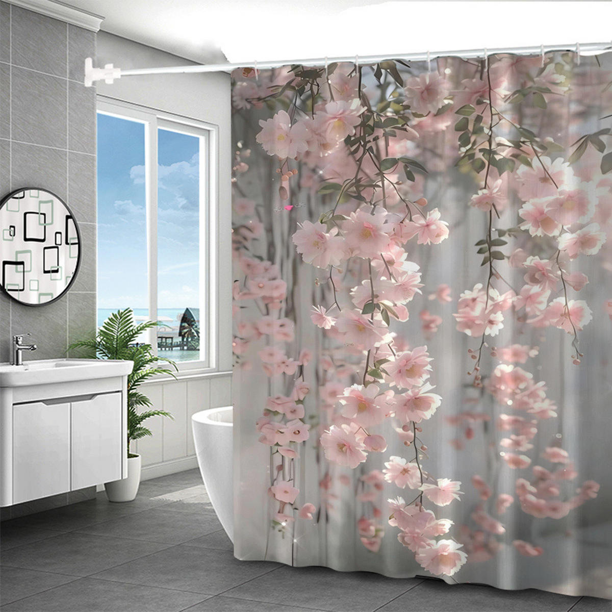 DUSCHVORHANG Rosa Sakura 180 x 180 cm Polyester maschinenwaschbar mit Haken Badezimmer - Pink, Textil (180/180cm) - MCBOSON
