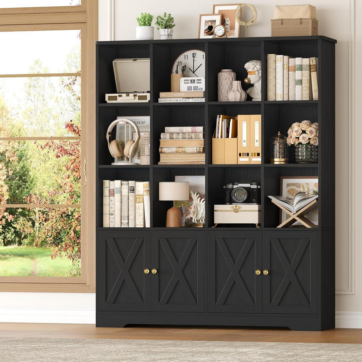 BÜCHERREGAL mit Türen Schwarz 144,8 x 29,8 x 121 cm - Schwarz, Holzwerkstoff (121/144.8/29.8cm)
