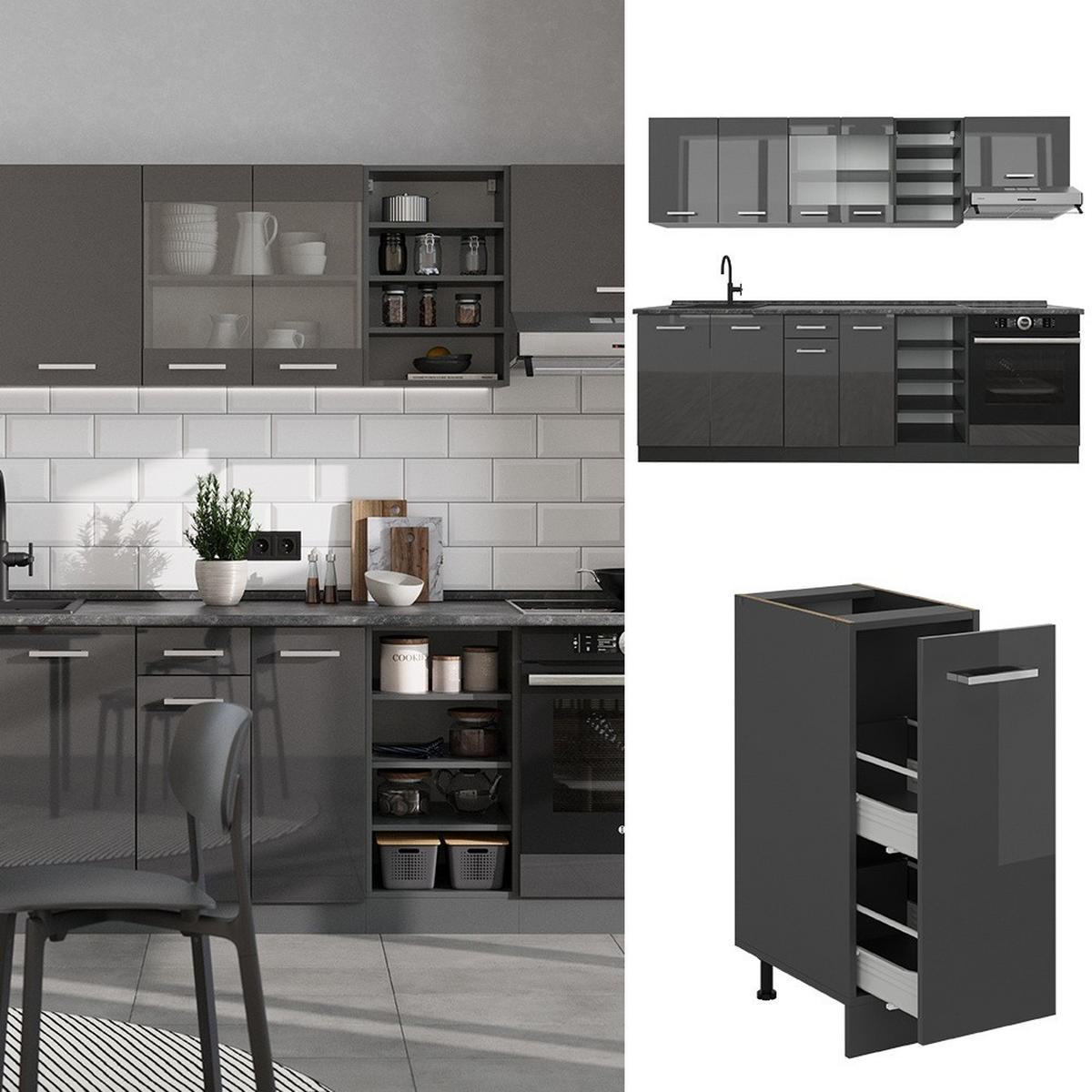 KUCHYŇSKÝ KOUT R-Line Antracit vysoký lesk/antracit 240 cm , PD Dub - antracitová/vysoce lesklá černá, kompozitní dřevo (240/206.8/60cm) - Vicco