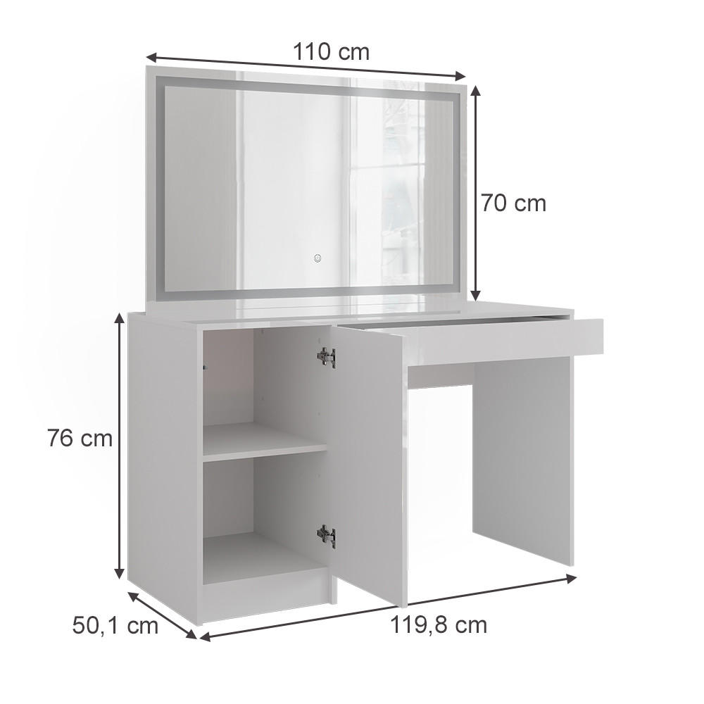 SCHMINKTISCH Sherry Weiß/Weiß Hochglanz 119.8 cm mit LED-Spiegel - Weiß Hochglanz, Holzwerkstoff (119.8/76/50.1cm) - Vicco