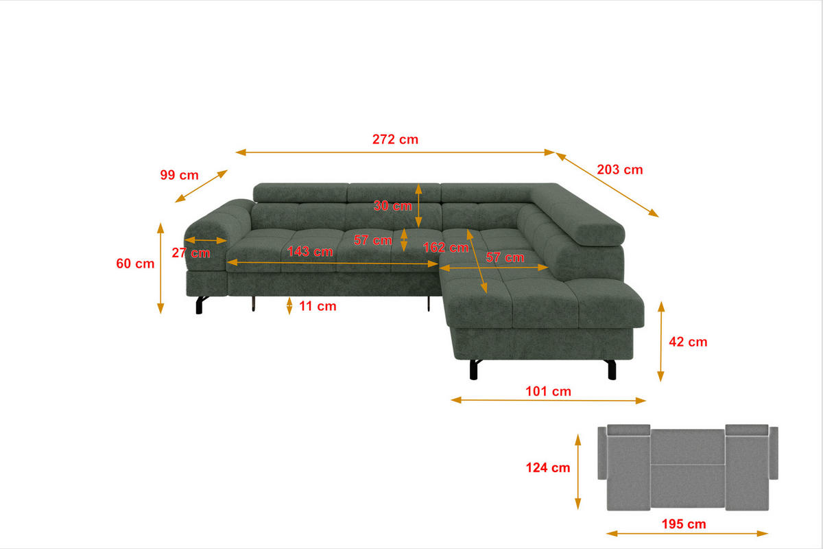 ECKSOFA mit Schlaffunktion Ottomane Rechts LUMA-L 272x203x70 Grün Velours - Schwarz/Grün, Holzwerkstoff/Kunststoff (203/272cm) - ALTDECOR