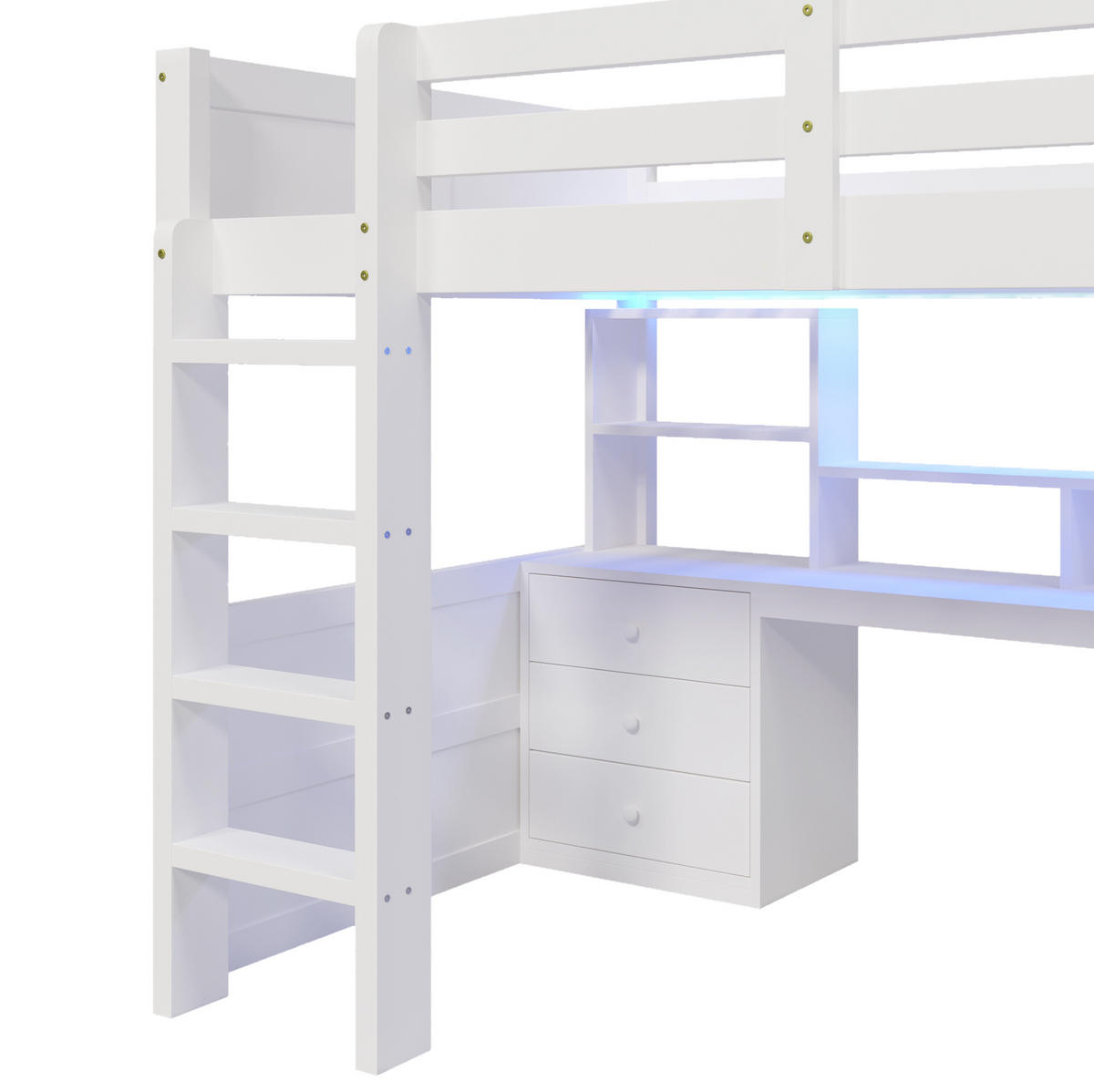 HOCHBETT mit LED-Leuchtleiste, Schreibtisch und Kleiderschrank, 140/200 cm, Weiß - Weiß, Holz (140/200cm) - MIVRAY