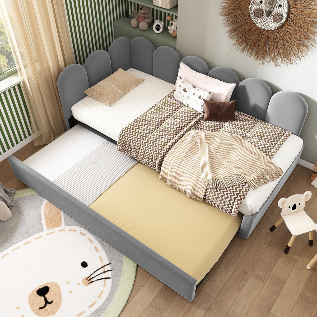 KINDERBETT Polsterbett 90/200 cm aus Samt mit ausziehbarem Gästebett Grau - Grau, Textil (90/200cm) - Modenvie