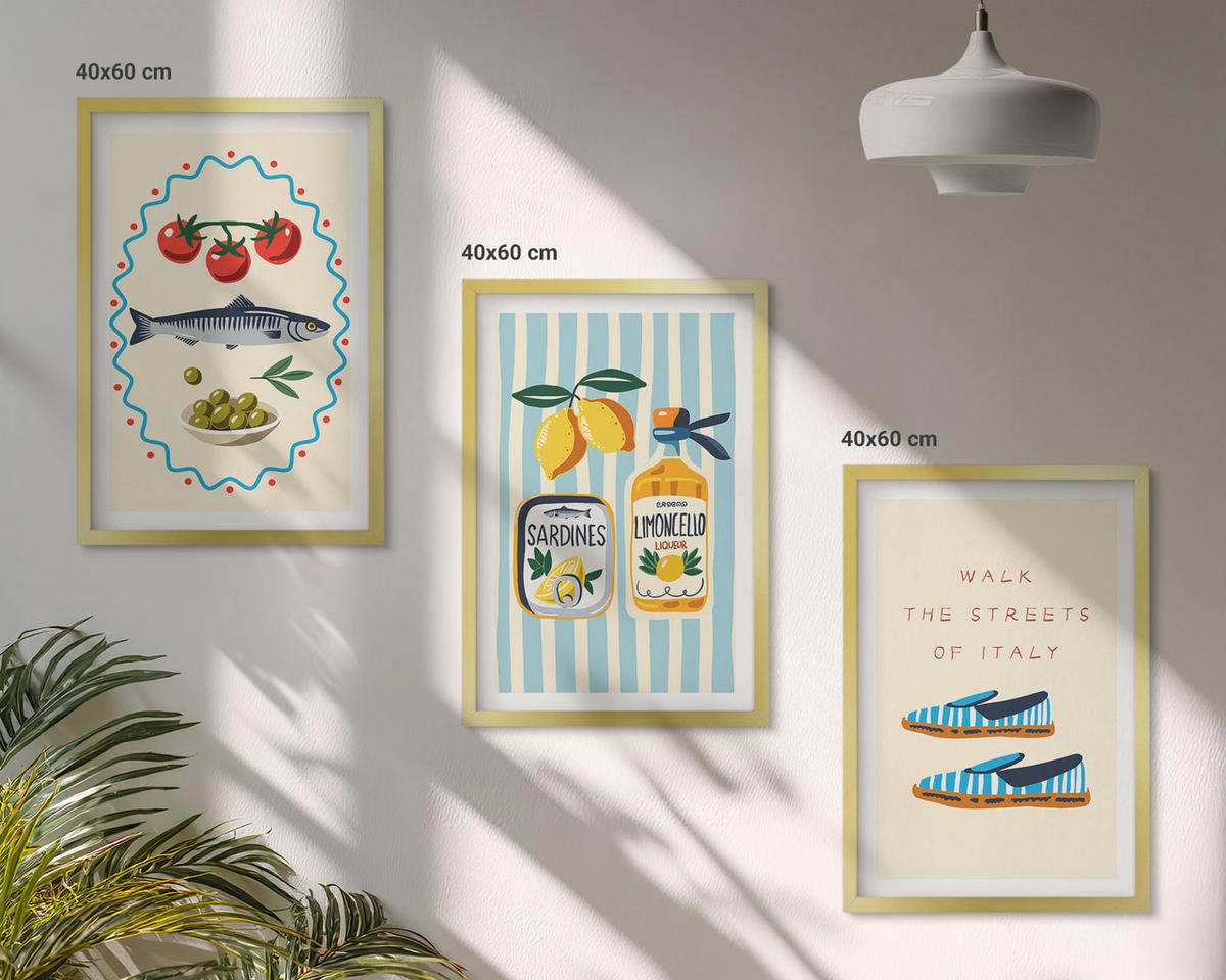 WANDBILDER 3er Set - 40x60 cm Goldrahmen - Italienische Aromen und Lifestyle-Bilder - Goldfarben, Kunststoff (40/60cm) - ArtPrintCave