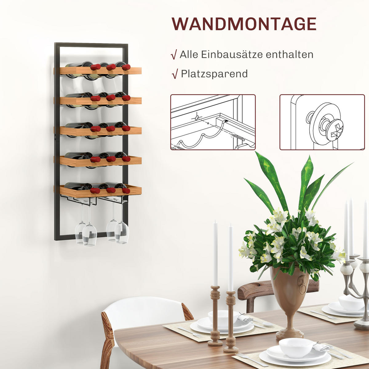 WEINREGAL stapelbar, wandmontierbares Flaschenregal mit 5 Ablagen, Glashaltern - Braun, Textil (25/86/35cm) - HOMCOM