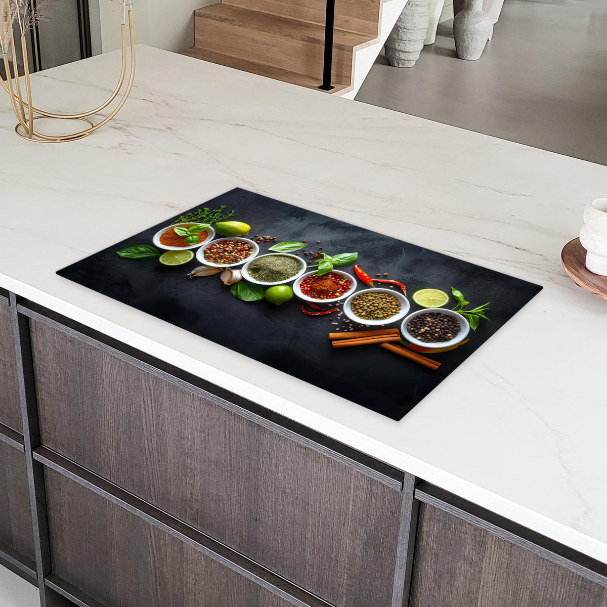 HERDABDECKPLATTE Kräuter - Gewürze - Konkrete Optik - Stilleben Ceranfeldabdeckung 85x52 cm - Multicolor, Kunststoff (85/52/0.2cm) - MuchoWow