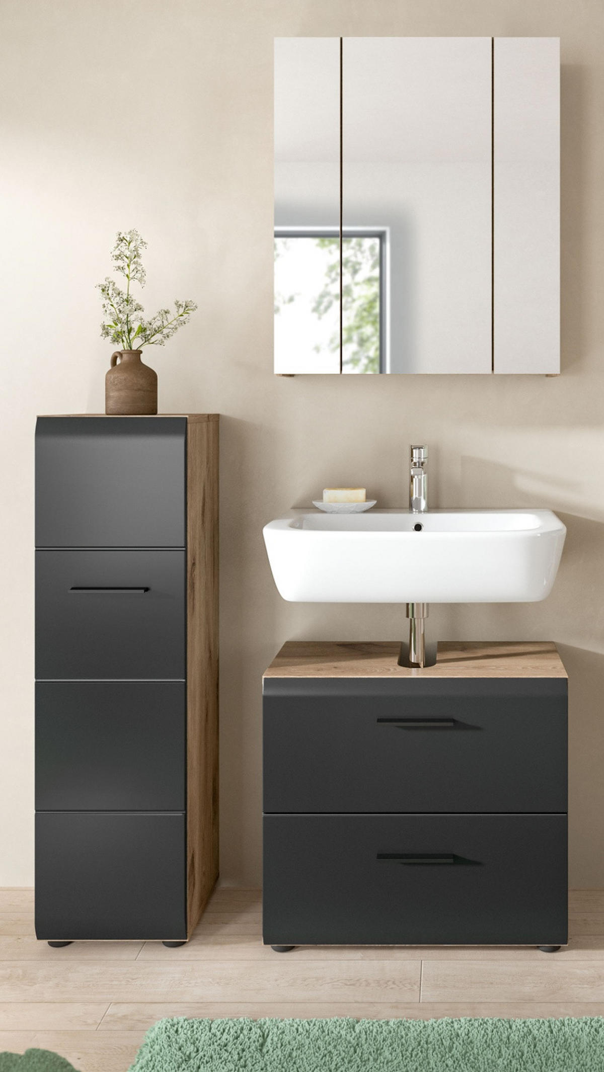 BADMÖBEL-SET 3-teilig Schwarz matt, Eiche Nox, Badezimmer mit viel Stauraum und Vollauszug Schubkästen 105 x 185 cm - Eichefarben/Schwarz, Glas/Holzwerkstoff (105/185/30cm) - Inn.Furn