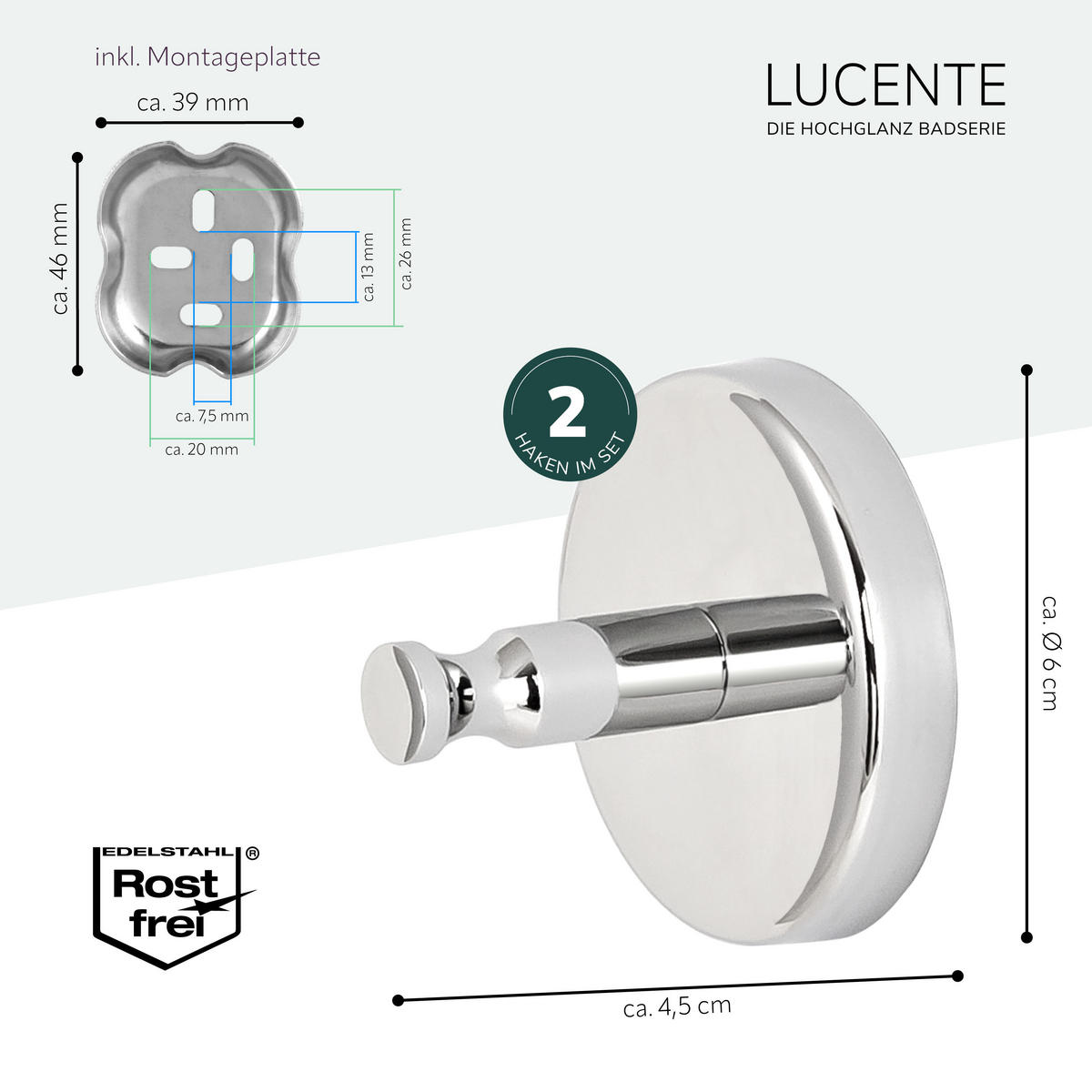 HANDTUCHHAKEN LUCENTE 2er Set, Edelstahl verchromt - Chromfarben, Metall (6/4.5/6cm) - bremermann