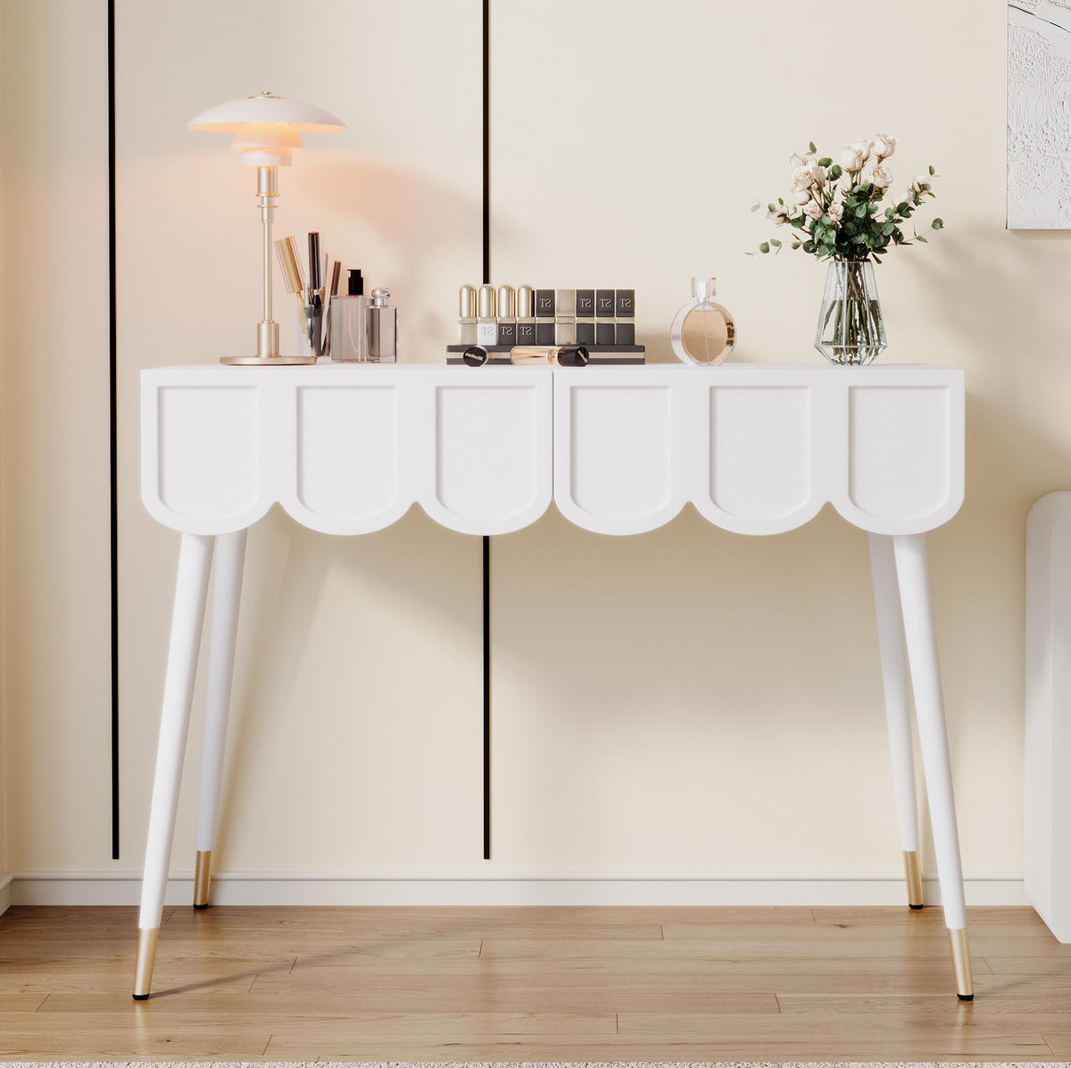 SCHMINKTISCH aus MDF und Spanplatte 100x40x76 cm Weiß mit 2 Schubladen und Metallfüßen, auch als Schreibtisch nutzbar - Weiß, Holzwerkstoff (100/76/40cm) - Modfu