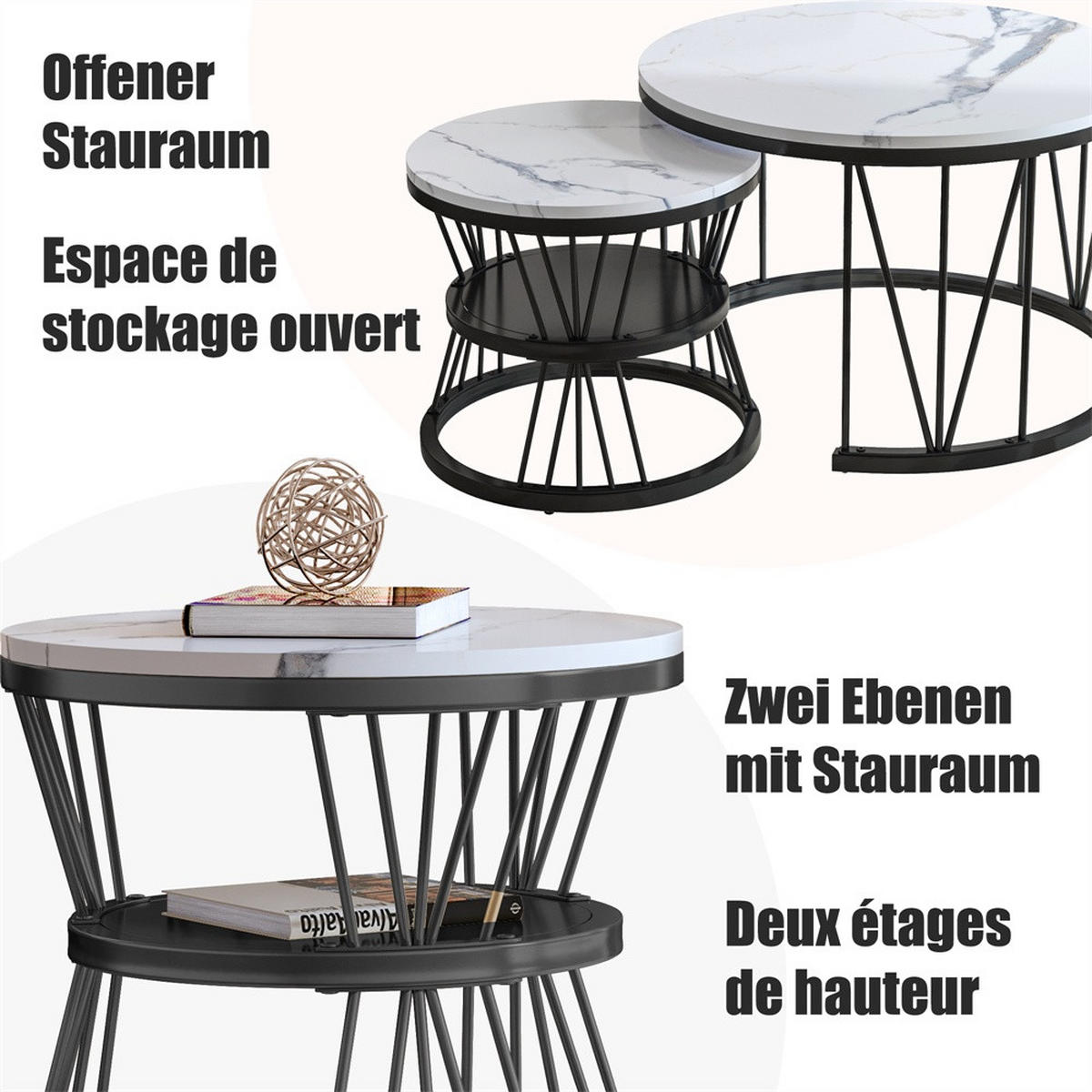 COUCHTISCH 2er-Set - Runder Couchtisch in Marmoroptik mit V-Metallgestell - Weiß und Schwarz - Schwarz, Holzwerkstoff (70/70/45cm) - DELFA