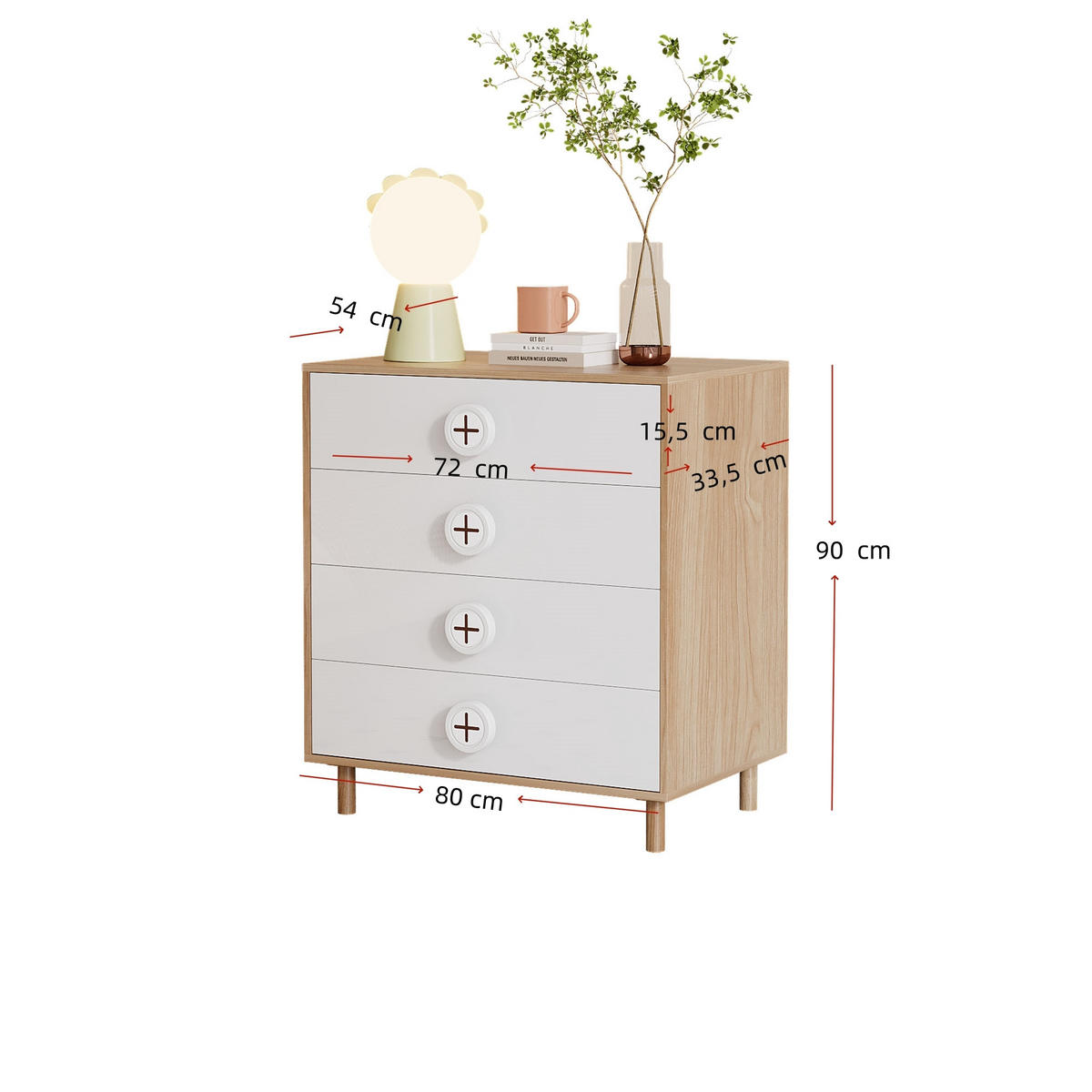KINDER-NACHTTISCH in Weiß Schlafzimmerkommode mit Schubladen und Stützen für Schlafzimmer, B80/T54/H90cm - Naturfarben/Weiß, Holzwerkstoff (80/90/54cm) - STILVORA