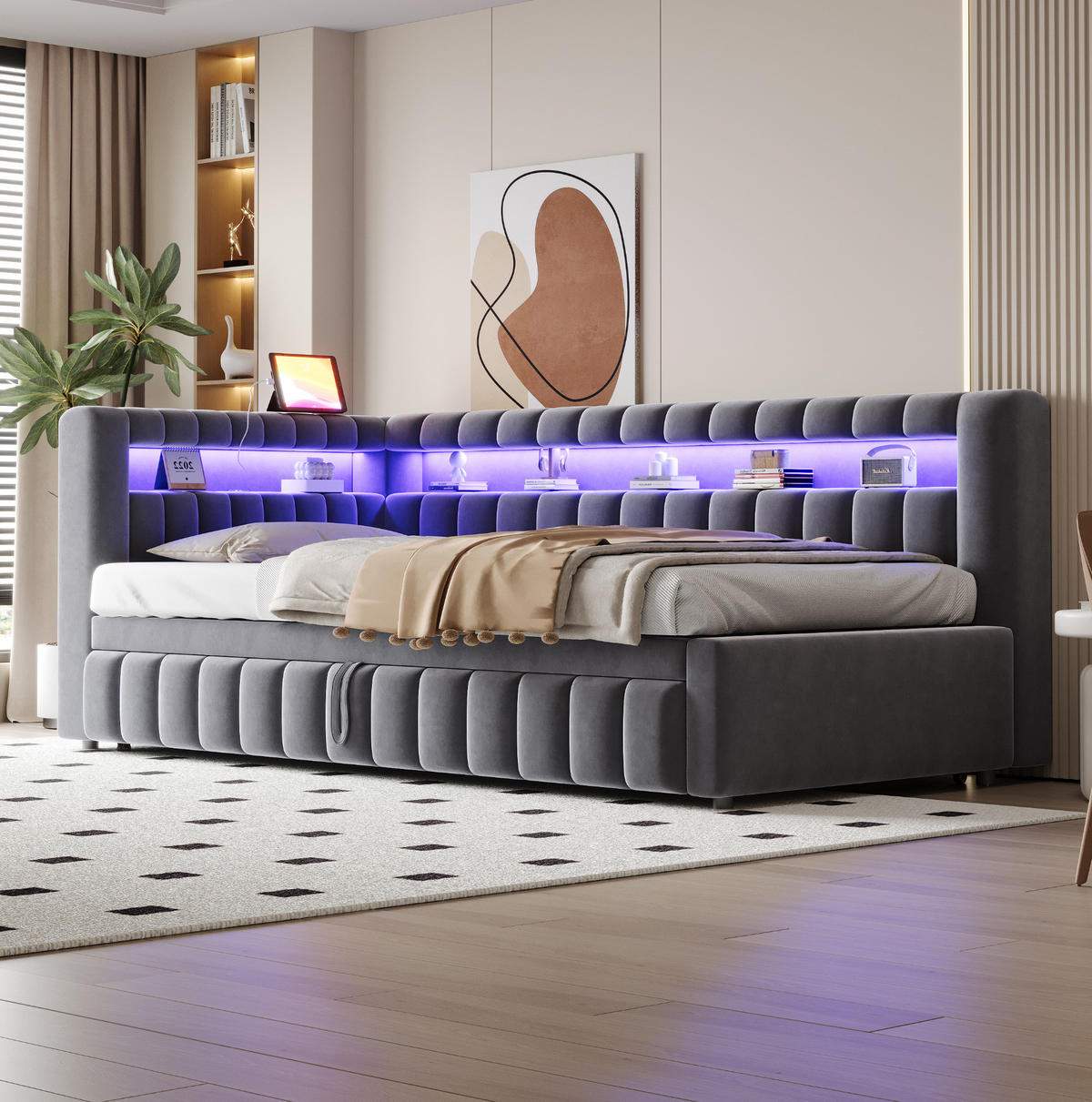 POLSTERBETT 90/200 cm aus Samt mit LED-Beleuchtung, Grau - Grau, Textil (90/200cm) - OKMYHOME