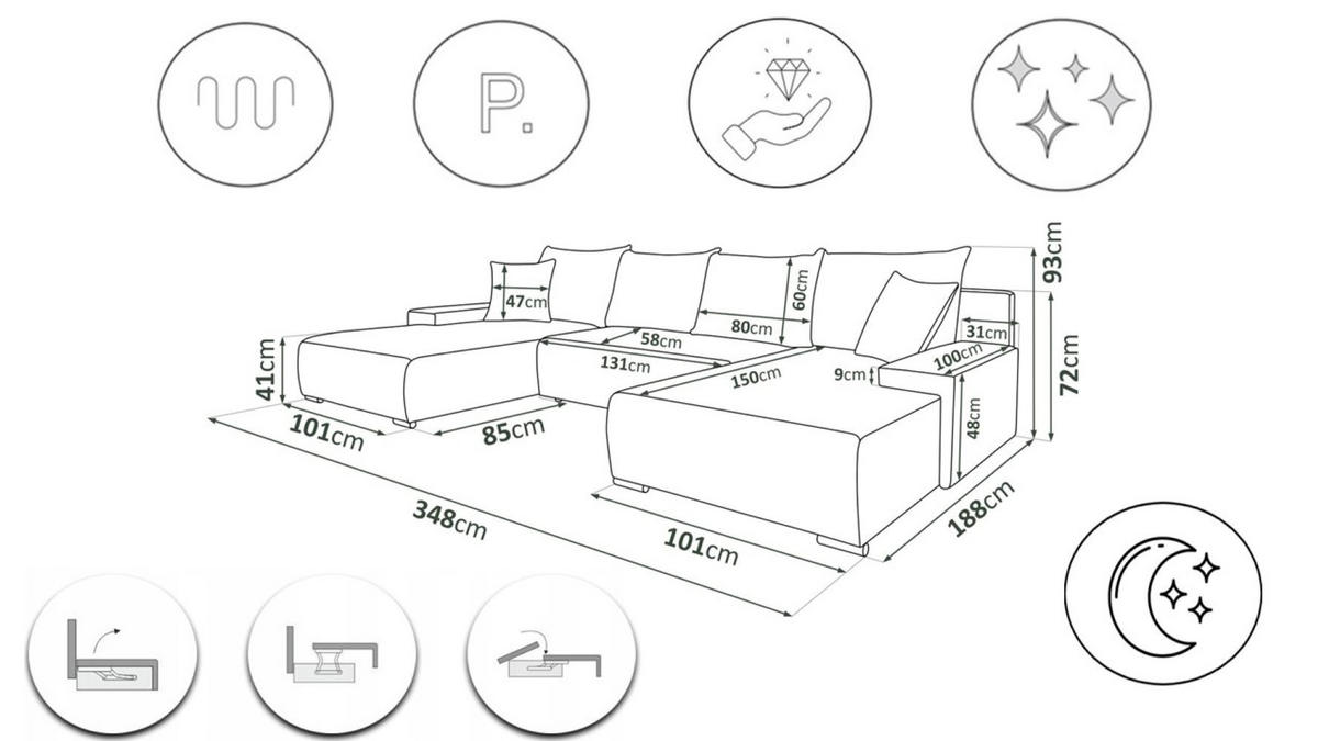 ECKSOFA U-Form Livorno Schlaffunktion Cord-Stoff Grau - Grau, Holz/Kunststoff (348/93/188cm) - Kaiser Möbel