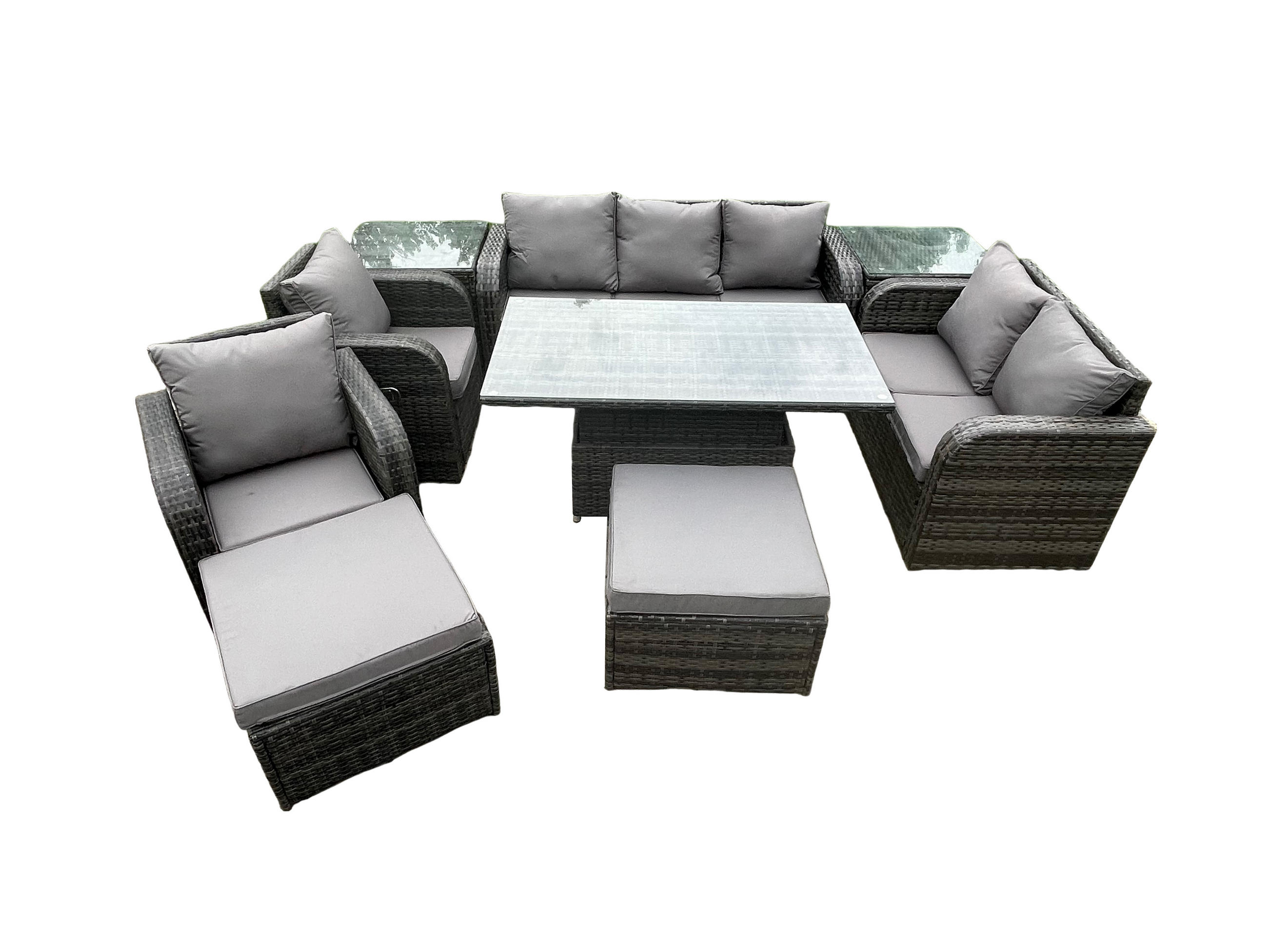GARTENSET MIT COUCHTISCH BEISTELLTISCH HOCKER Polyrattan Outdoor 9-Sitzer - Dunkelgrau/Grau, Glas/Kunststoff - Fimous