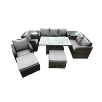GARTENSET MIT COUCHTISCH BEISTELLTISCH HOCKER Polyrattan Outdoor 9-Sitzer - Dunkelgrau/Grau, Glas/Kunststoff - Fimous