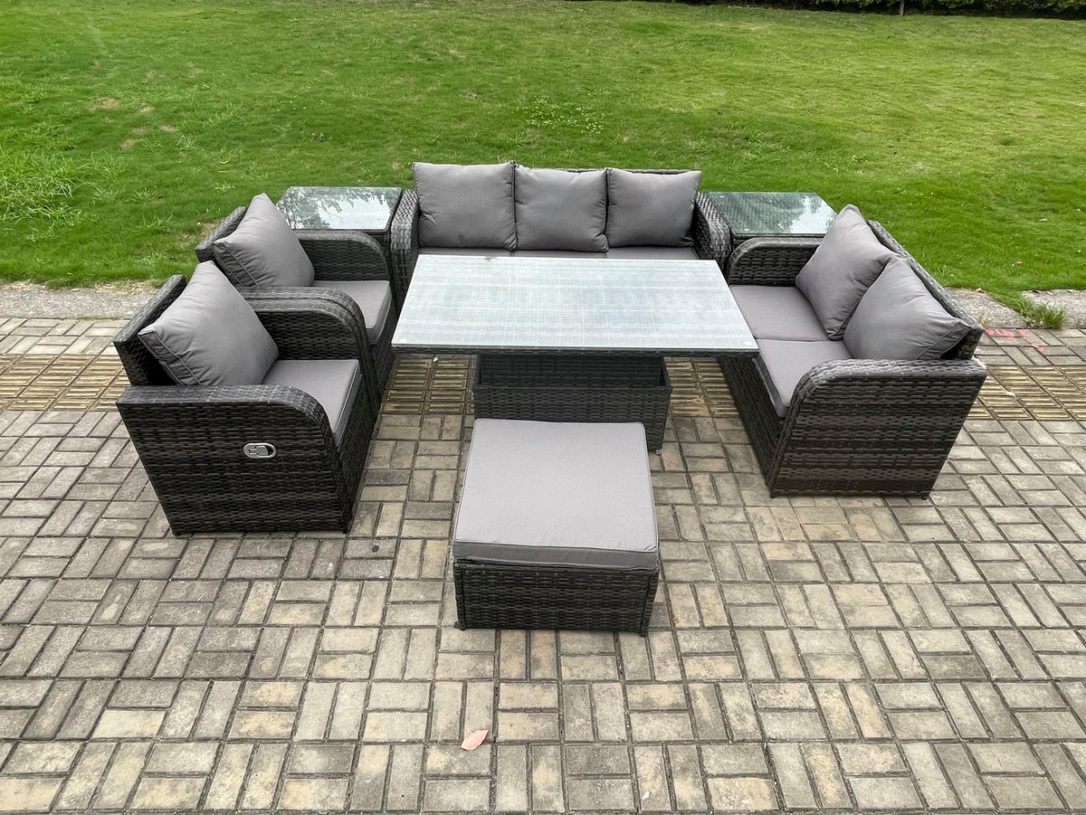 SITZGRUPPE GARTENSET MIT COUCHTISCH Polyrattan Outdoor 8-Sitzer - Dunkelgrau/Grau, Glas/Kunststoff - Fimous