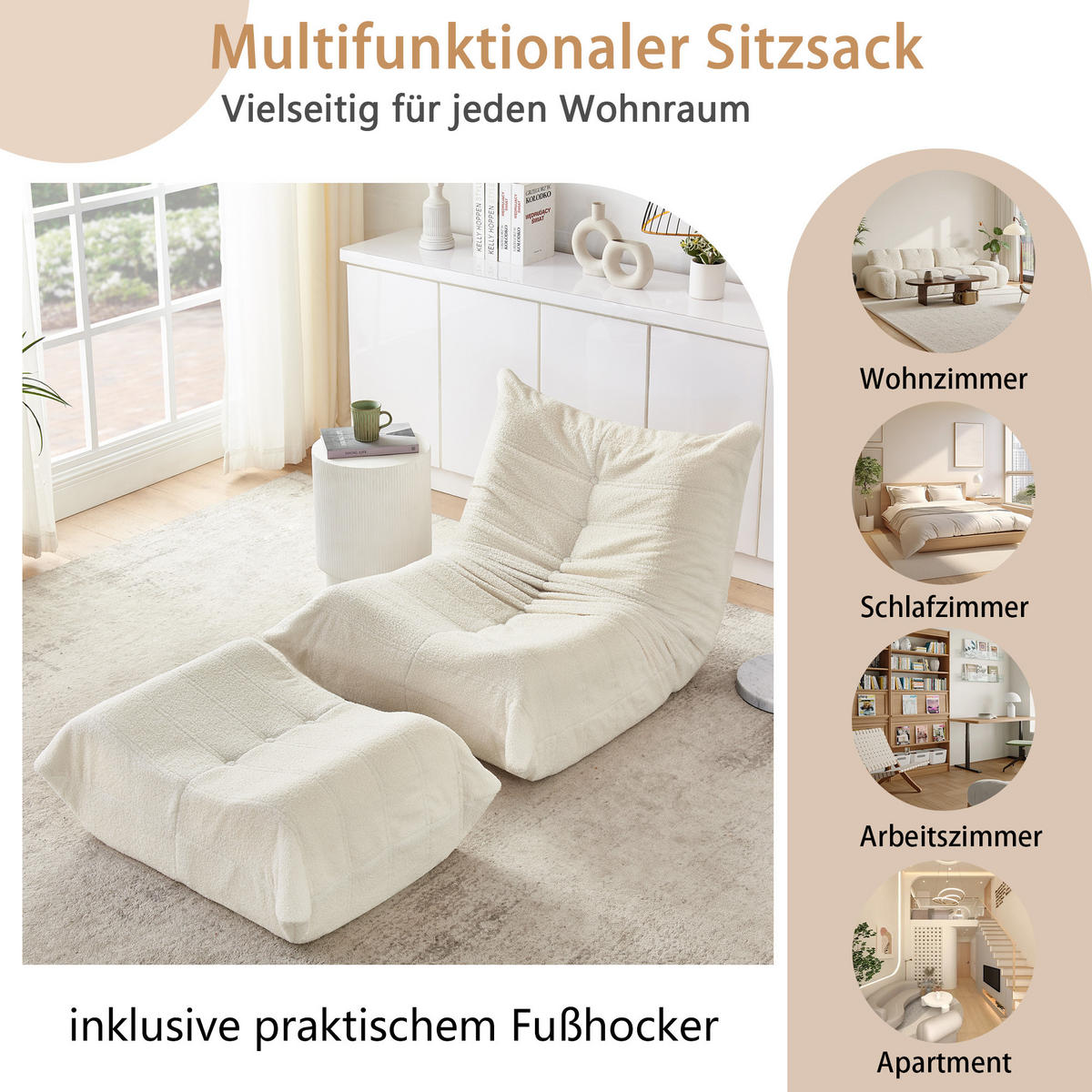 LAZY SOFA Teddypäls-look med Pall mjuk & ergonomisk - Beige, Textil (100/70/90cm) - Urban Meuble