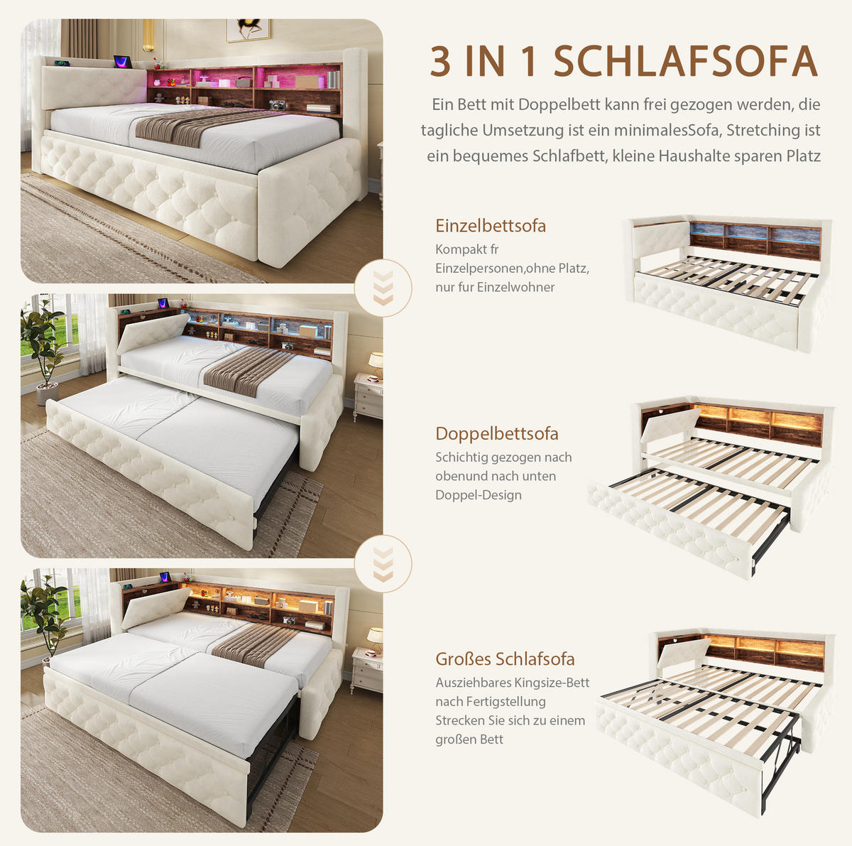 BETT 90/180×190 cm in Beige mit Stauraum, LED-Beleuchtung und USB- und Type-C-Anschlüssen - Beige, Textil (180/190cm) - Flora Grace
