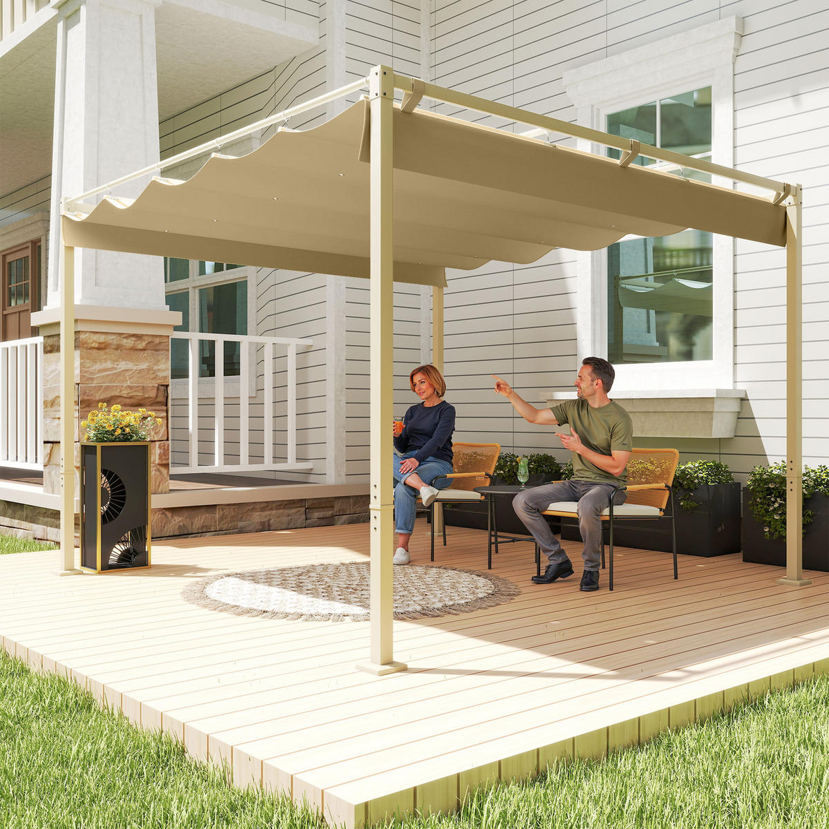 PERGOLA mit einziehbarem Dach Khaki 298/297/221 cm - Beige, Textil/Metall (297/221/298cm) - Outsunny