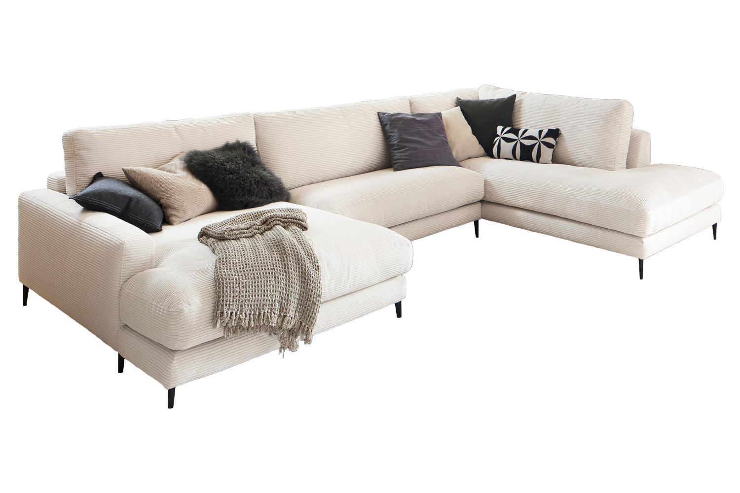 WOHNLANDSCHAFT CARA Cremeweiß Cord - Creme/Schwarz, Textil (341/84/223cm) - KAWOLA