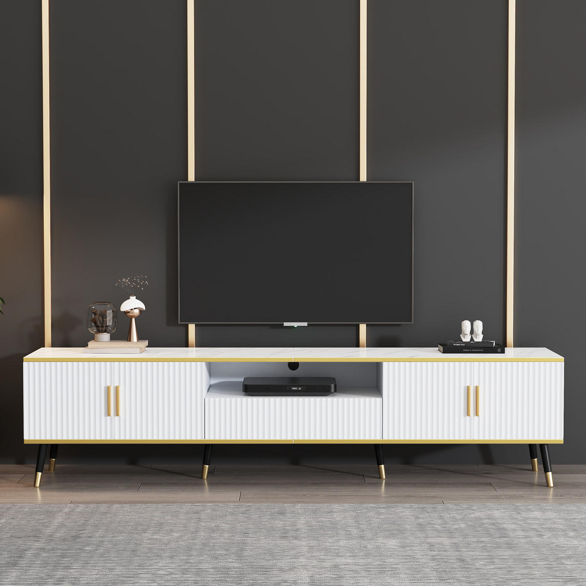 TV-BOARD aus Spanplatte 200x40x46 cm Weiß mit Kabelführung, 2 Türen, 1 Schublade und Marmoroptik - Weiß, Holzwerkstoff (200/46/40cm) - Modfu