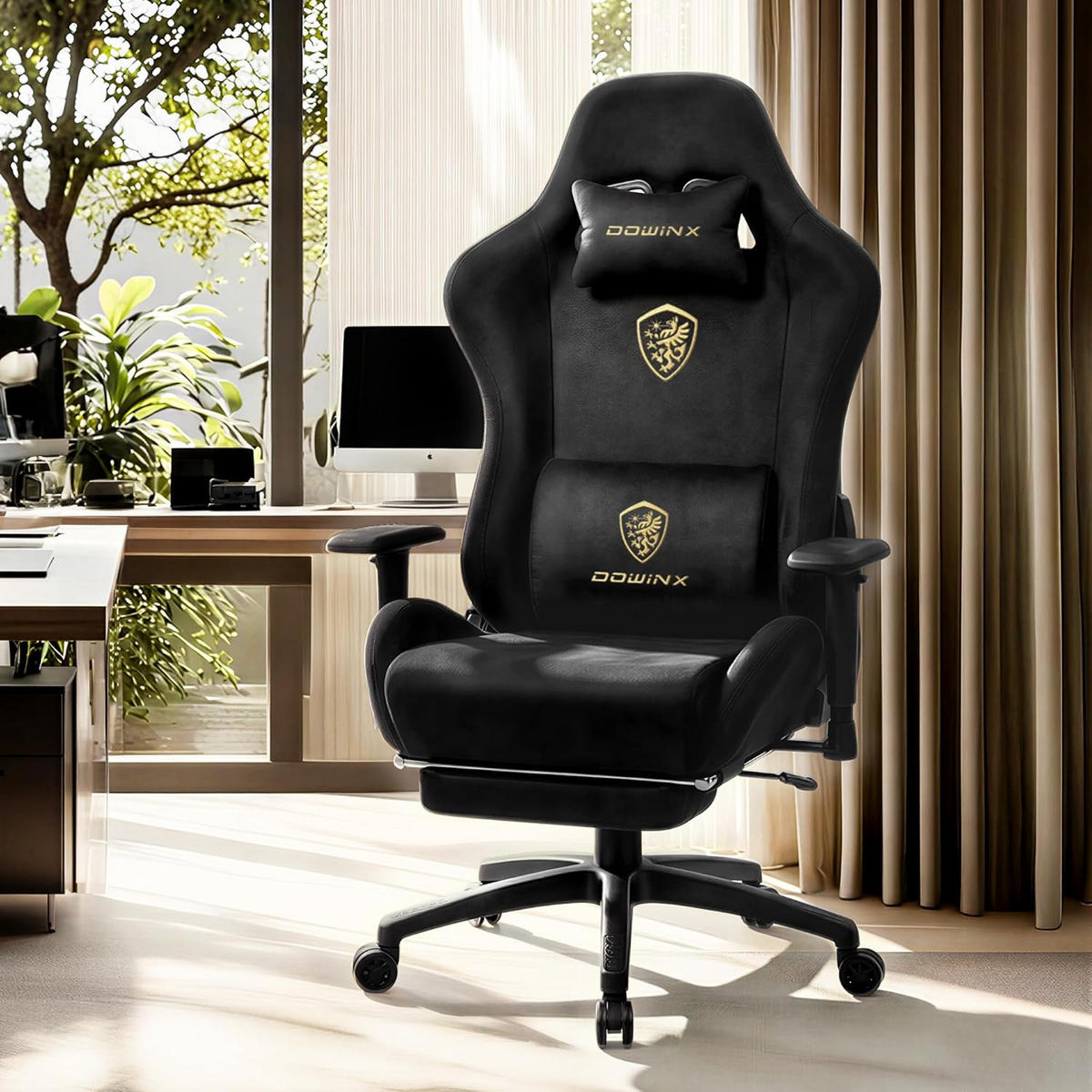 GAMING-STUHL Mikrofaser-Velours Verstellbarer Bürostuhl mit Fußstütze - Schwarz, Leder (70/128/70cm)
